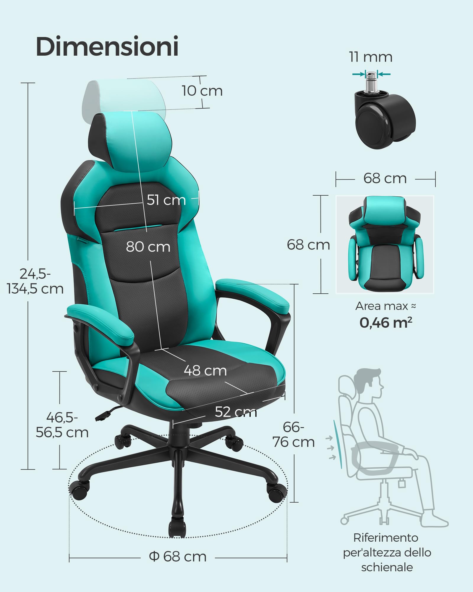 Songmics OBG066Q01 sedia ufficio blu acqua traspirante 150 kg