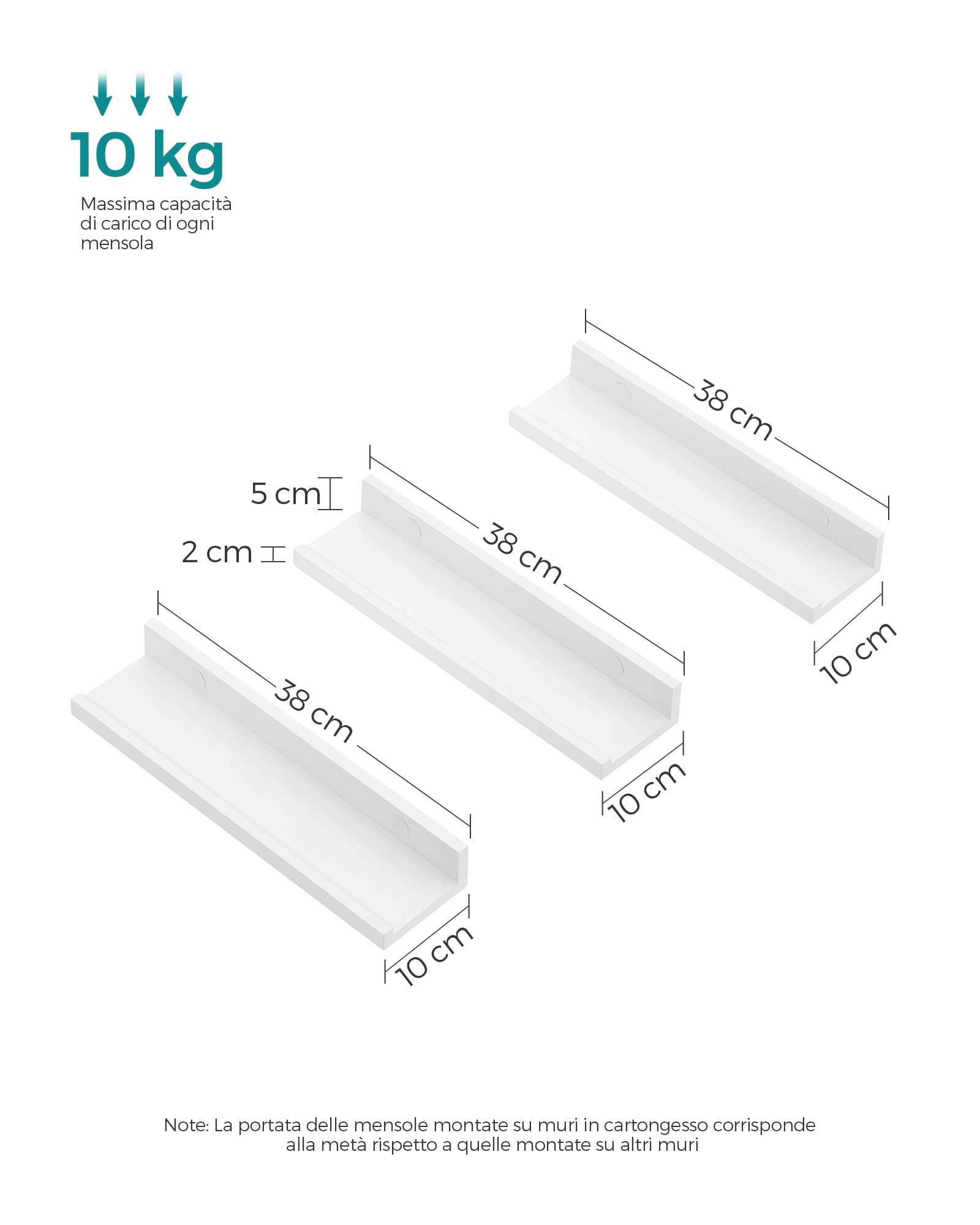 Songmics Custos LWS38WTV2 set 3 mensole muro bianche 38 cm