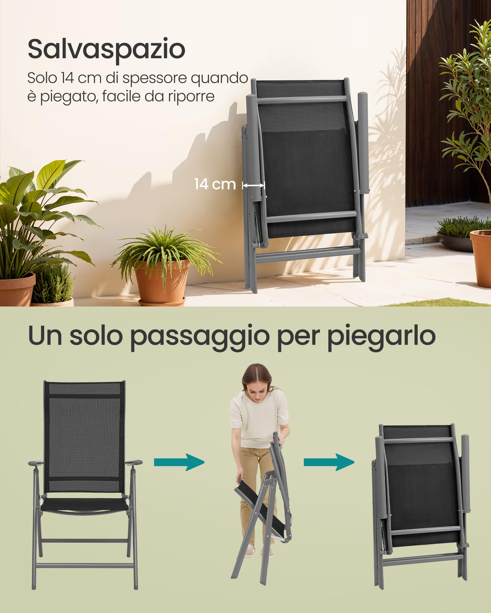 Songmics GCB29BK Sedie Giardino Pieghevoli Nere Set 2