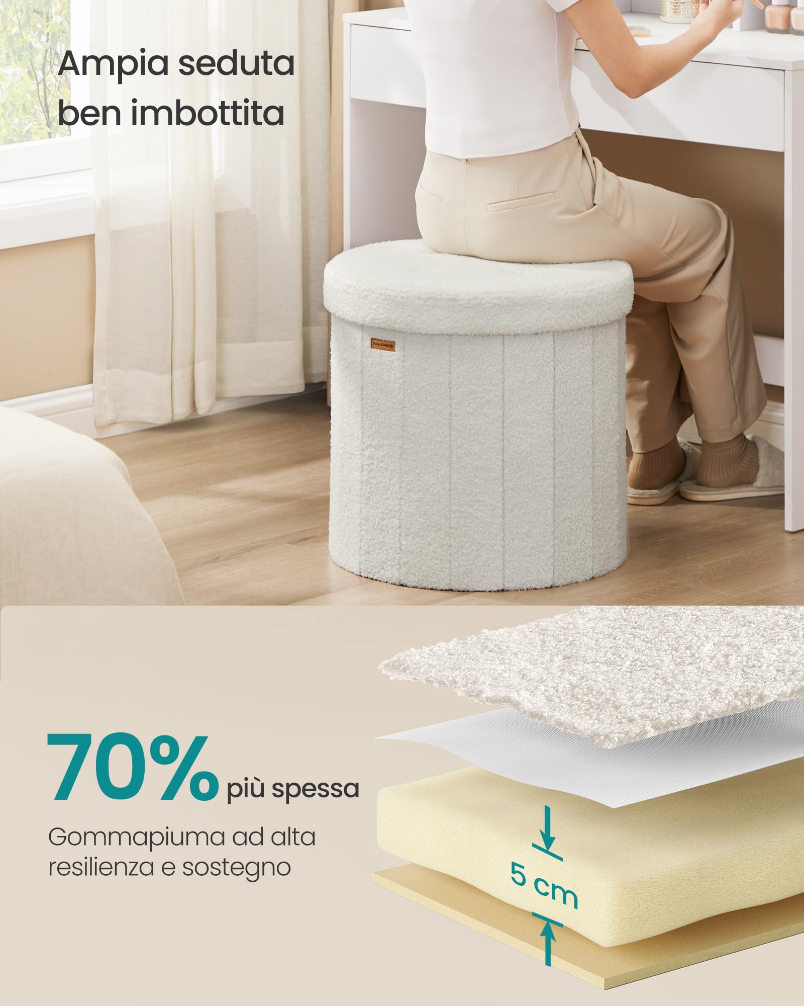 Songmics Mazie LSF606W01 pouf contenitore rotondo bianco crema