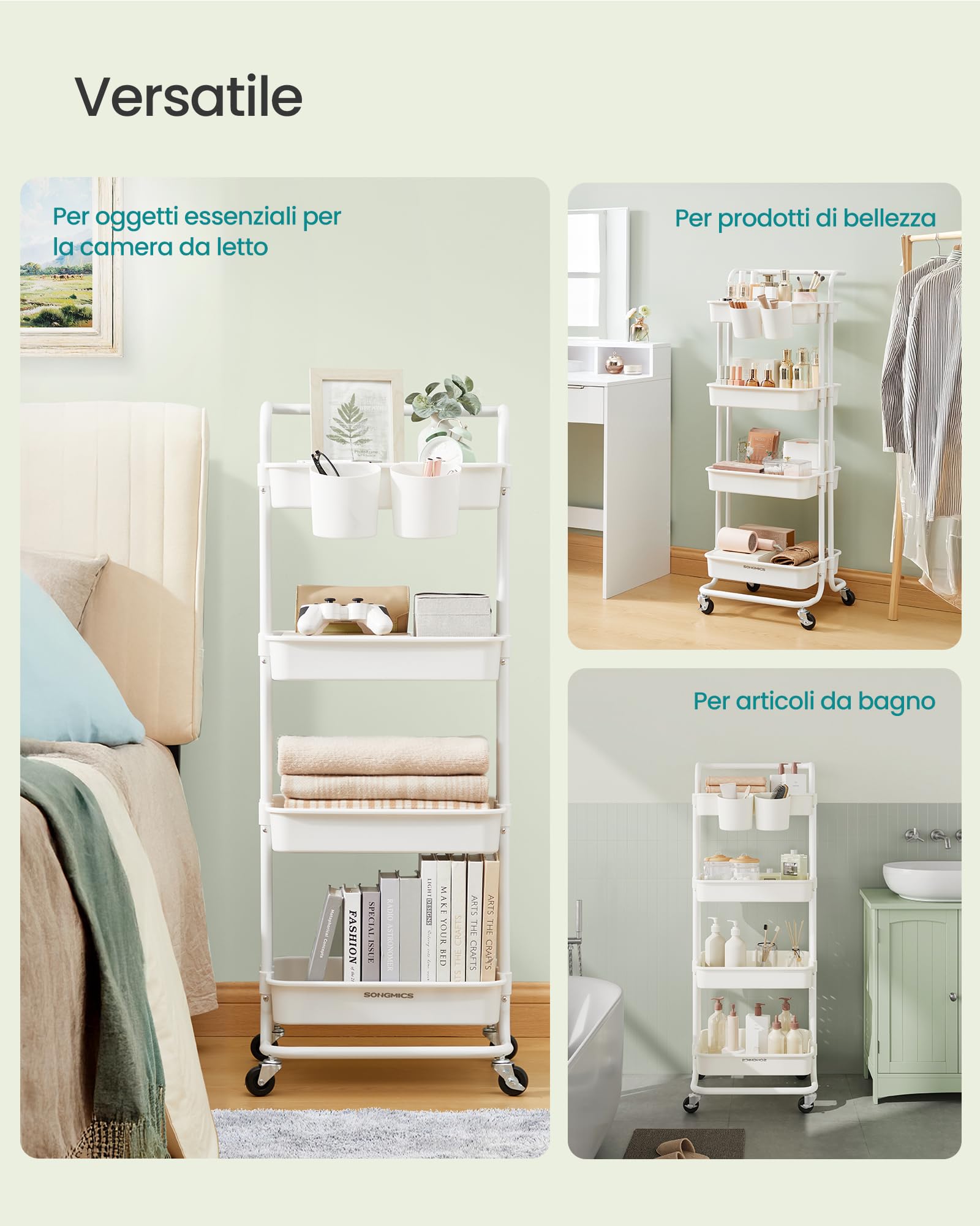 Songmics BSC077WZ01 carrello 4 livelli bianco acciaio 115 cm ruote