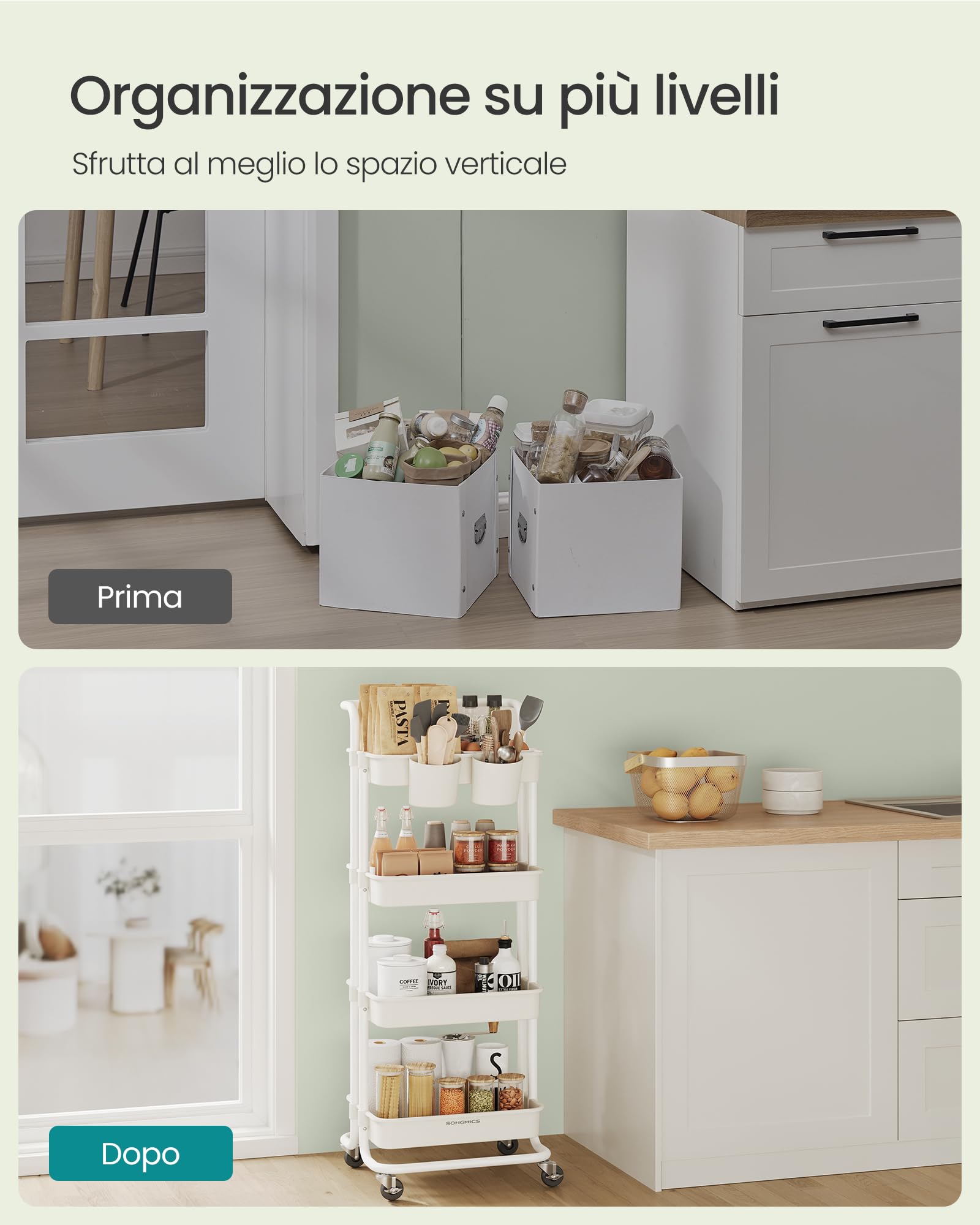 Songmics BSC077WZ01 carrello 4 livelli bianco acciaio 115 cm ruote