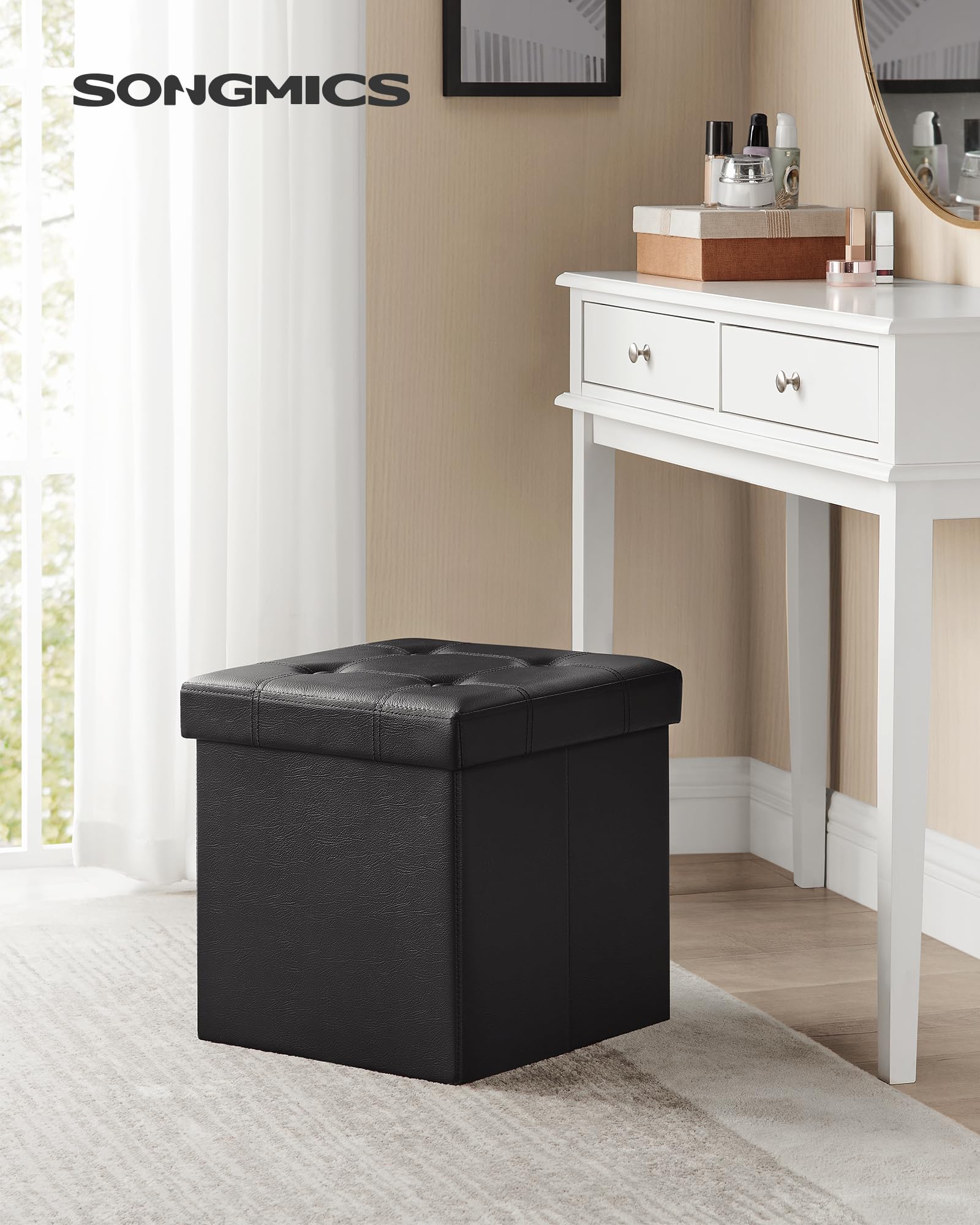 Songmics LSF30B Pouf Contenitore 38 cm Nero Pieghevole