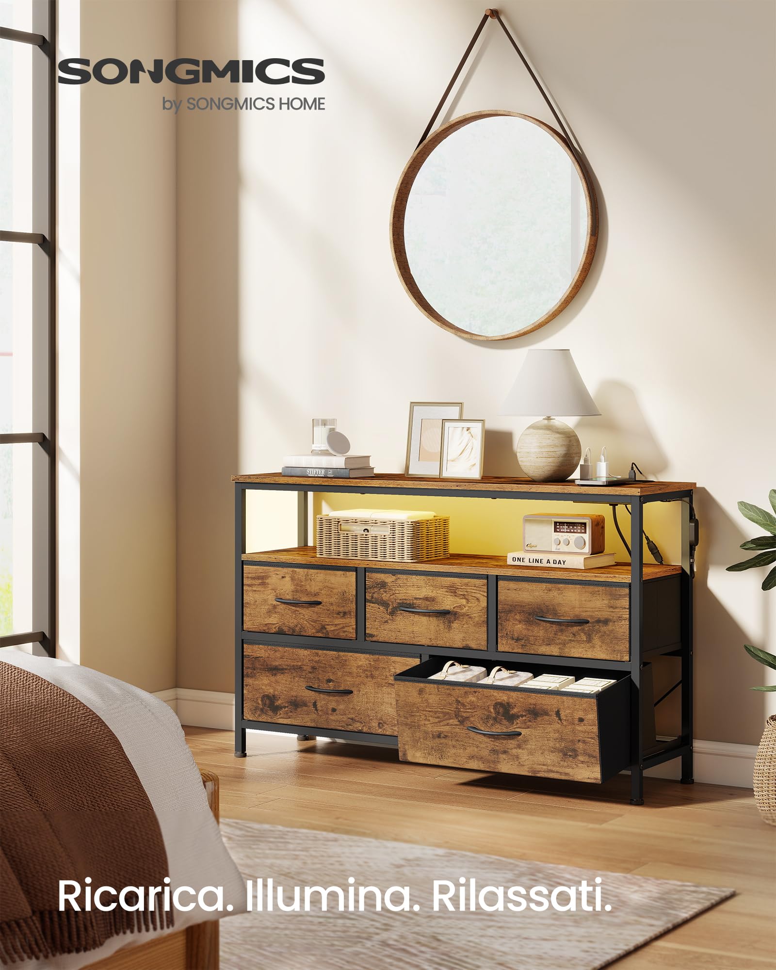 Songmics Bellah LGS723KD01 cassettiera 5 cassetti LED marrone vintage