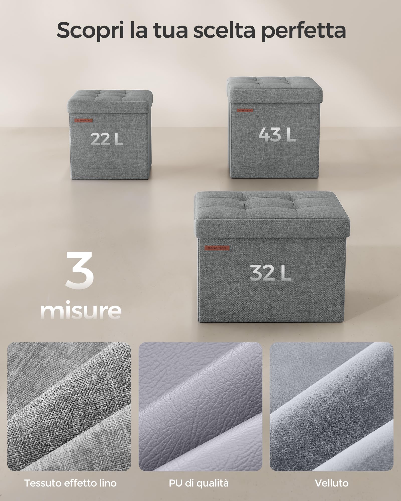 Songmics LSF028G02 pouf contenitore Grigio Chiaro 30 cm in tessuto