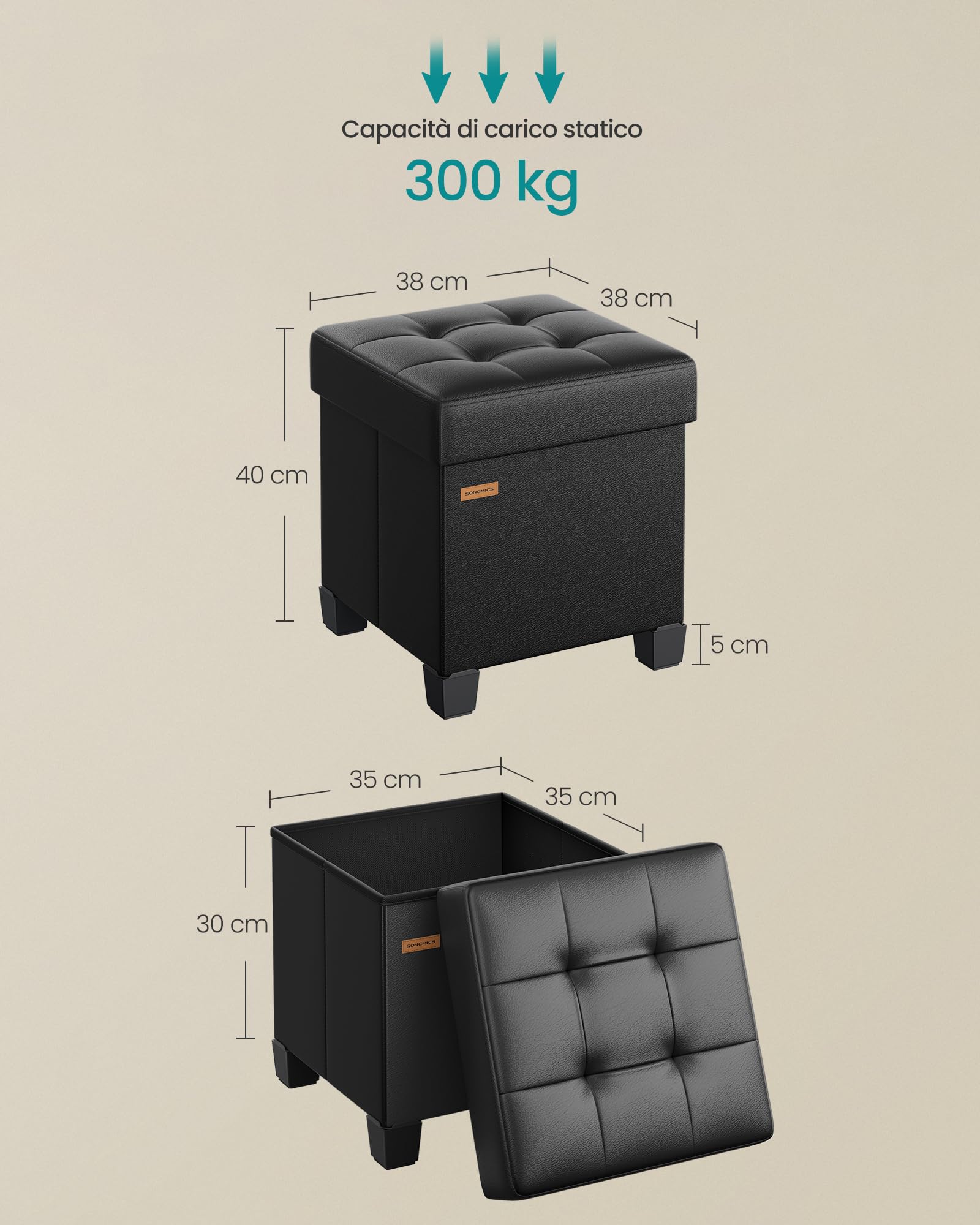 Songmics LSF0512B02 pouf contenitore nero 38x38x40 cm 37 L
