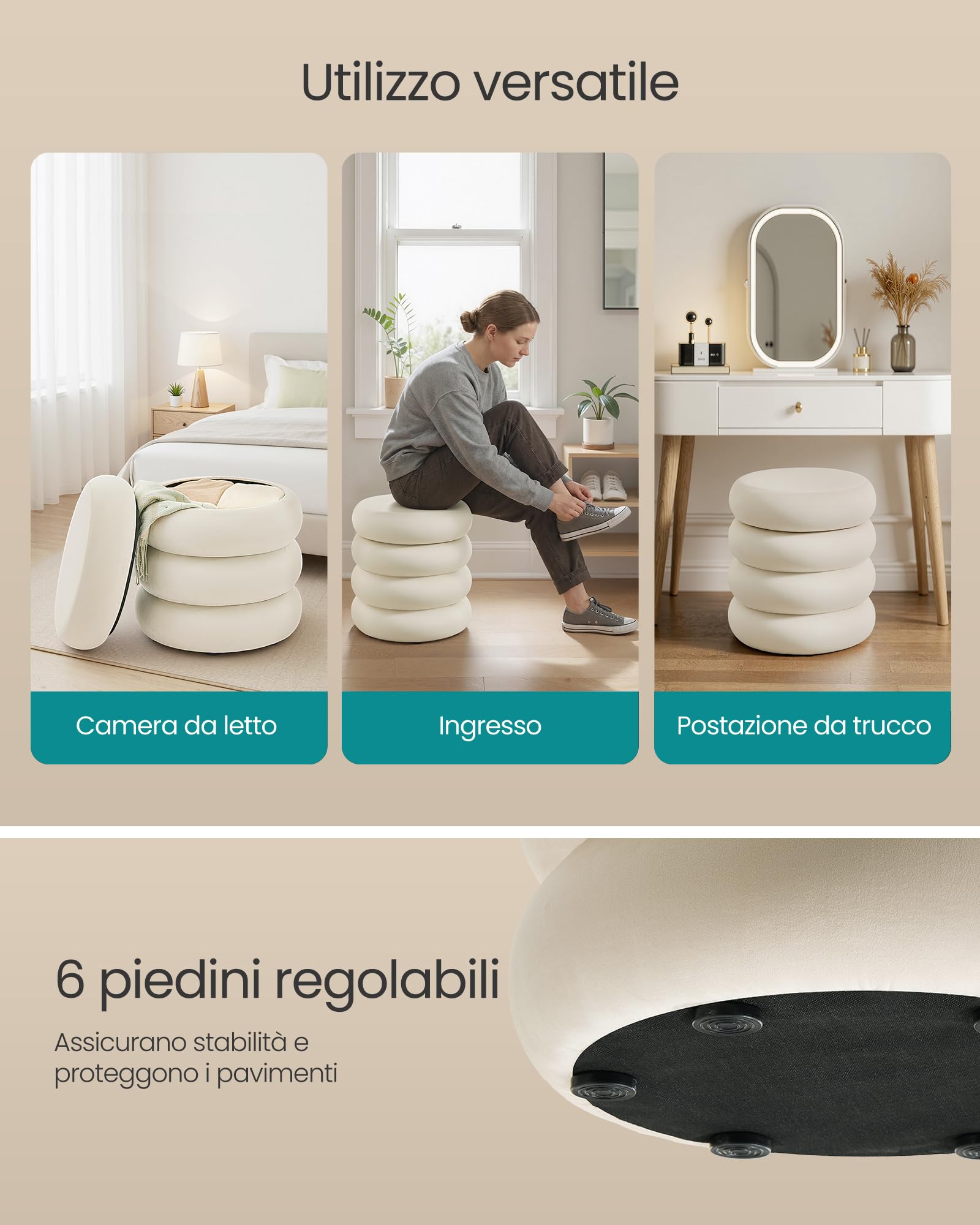 Songmics LOM018LH01 Pouf Contenitore Velluto Bianco Crema 43 cm