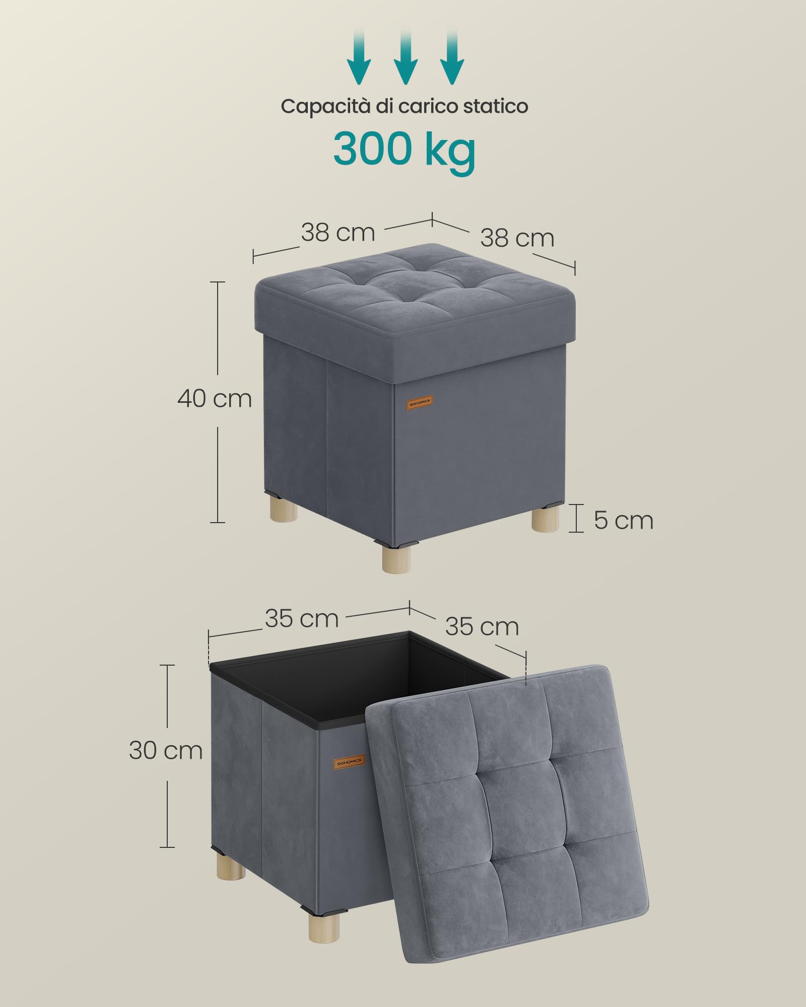 Songmics LSF0516G01 Pouf Contenitore 37 L Grigio Ardesia in Velluto