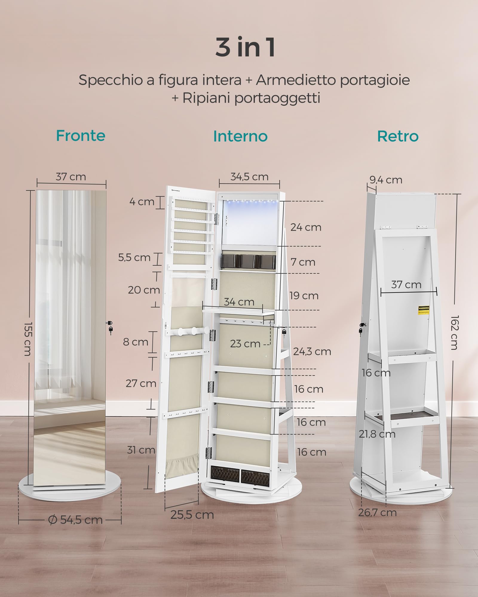 Songmics JJC007W02 specchio portagioie bianco girevole con LED