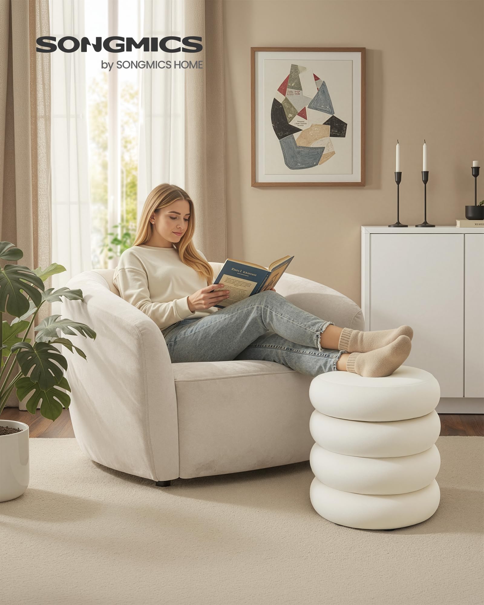 Songmics LOM018LH01 Pouf Contenitore Velluto Bianco Crema 43 cm