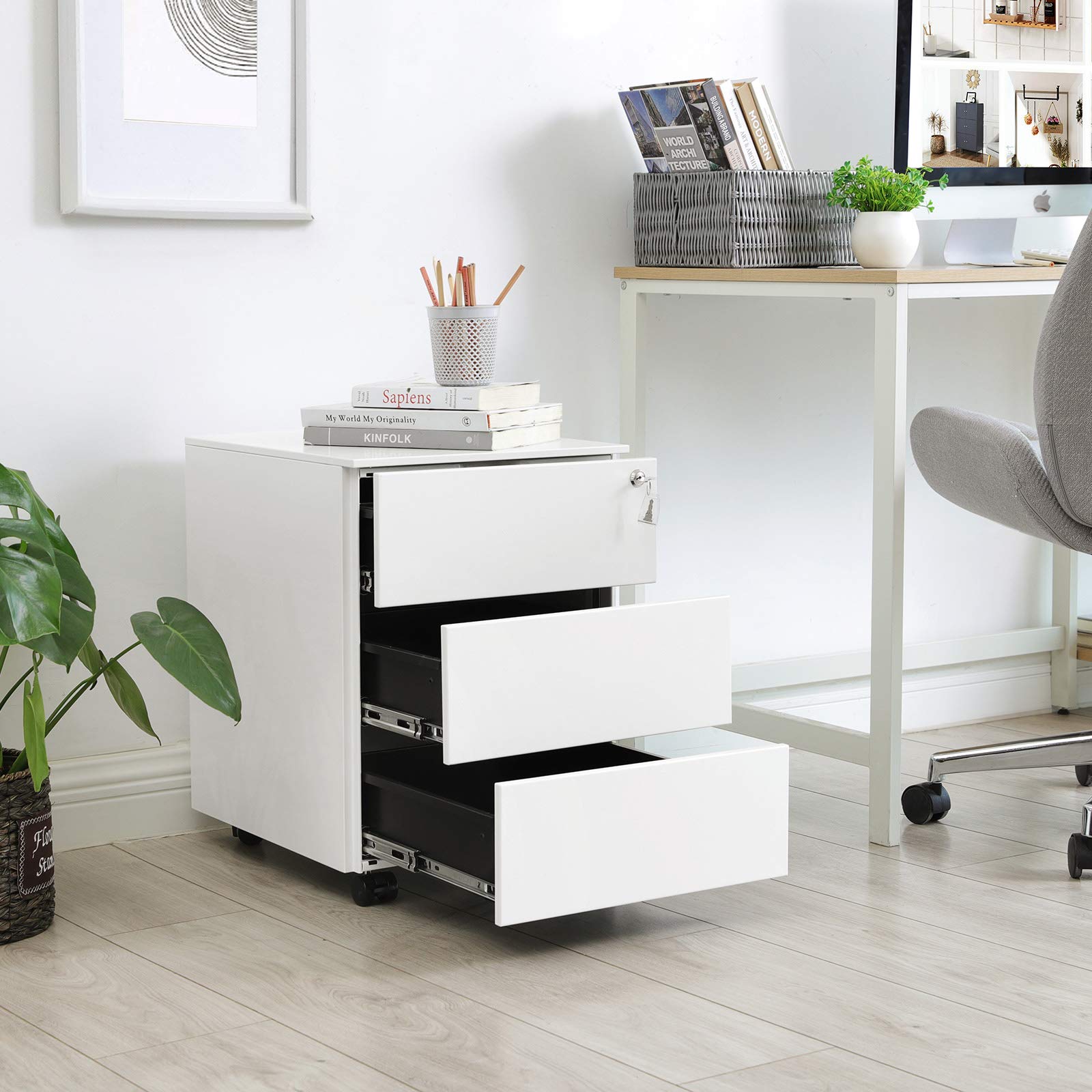 Songmics OFC63WT cassettiera ufficio 3 cassetti bianco con ruote