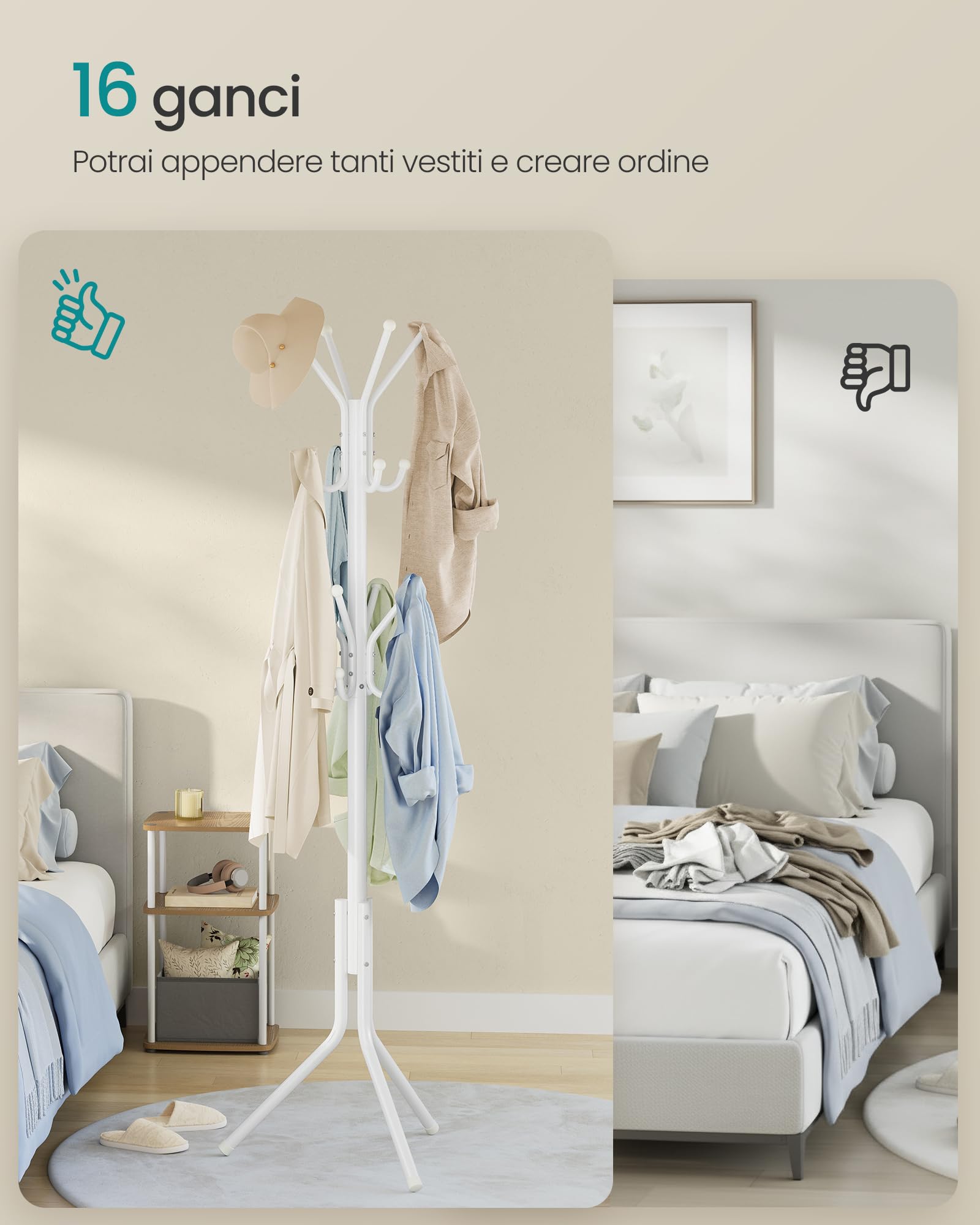 Songmics RCR081WC01 appendiabiti terra Bianco Nuvola 16 ganci