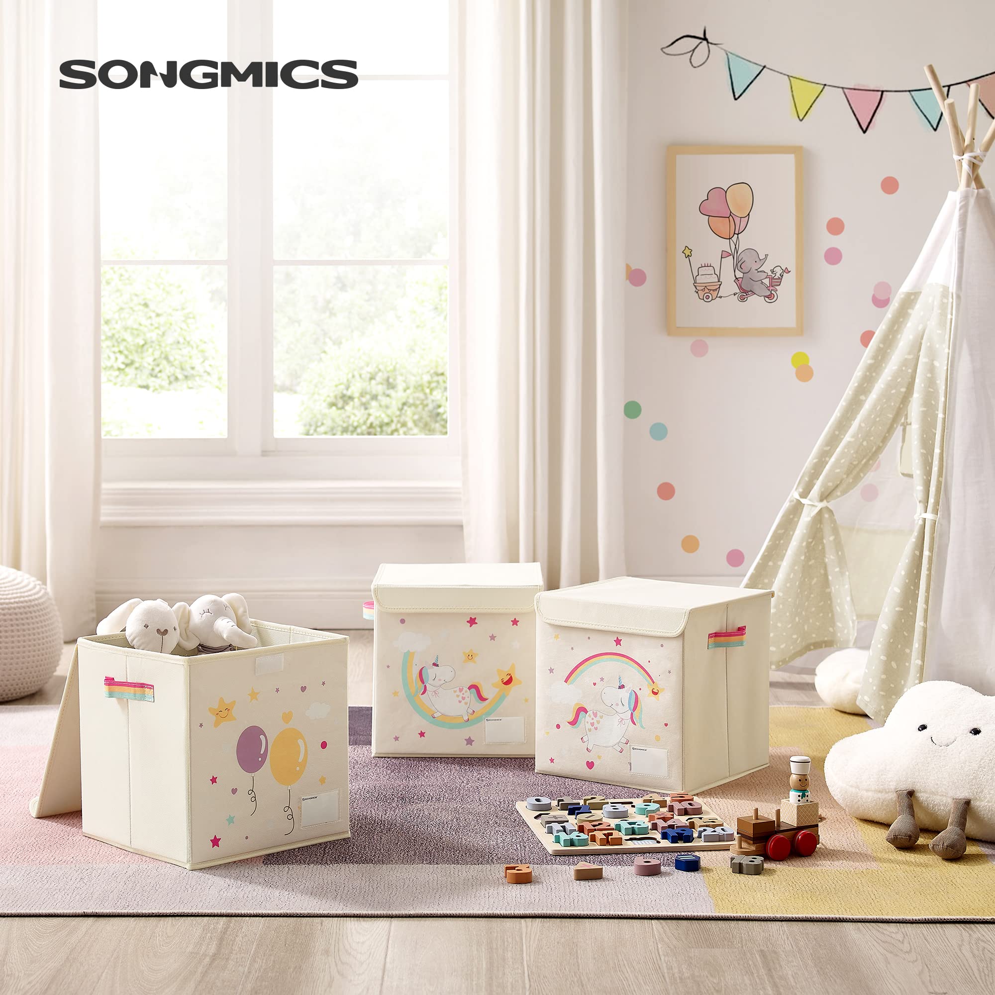 Songmics RFB710W03 Scatole Bambini Unicorno Beige 3 Pezzi 30 cm