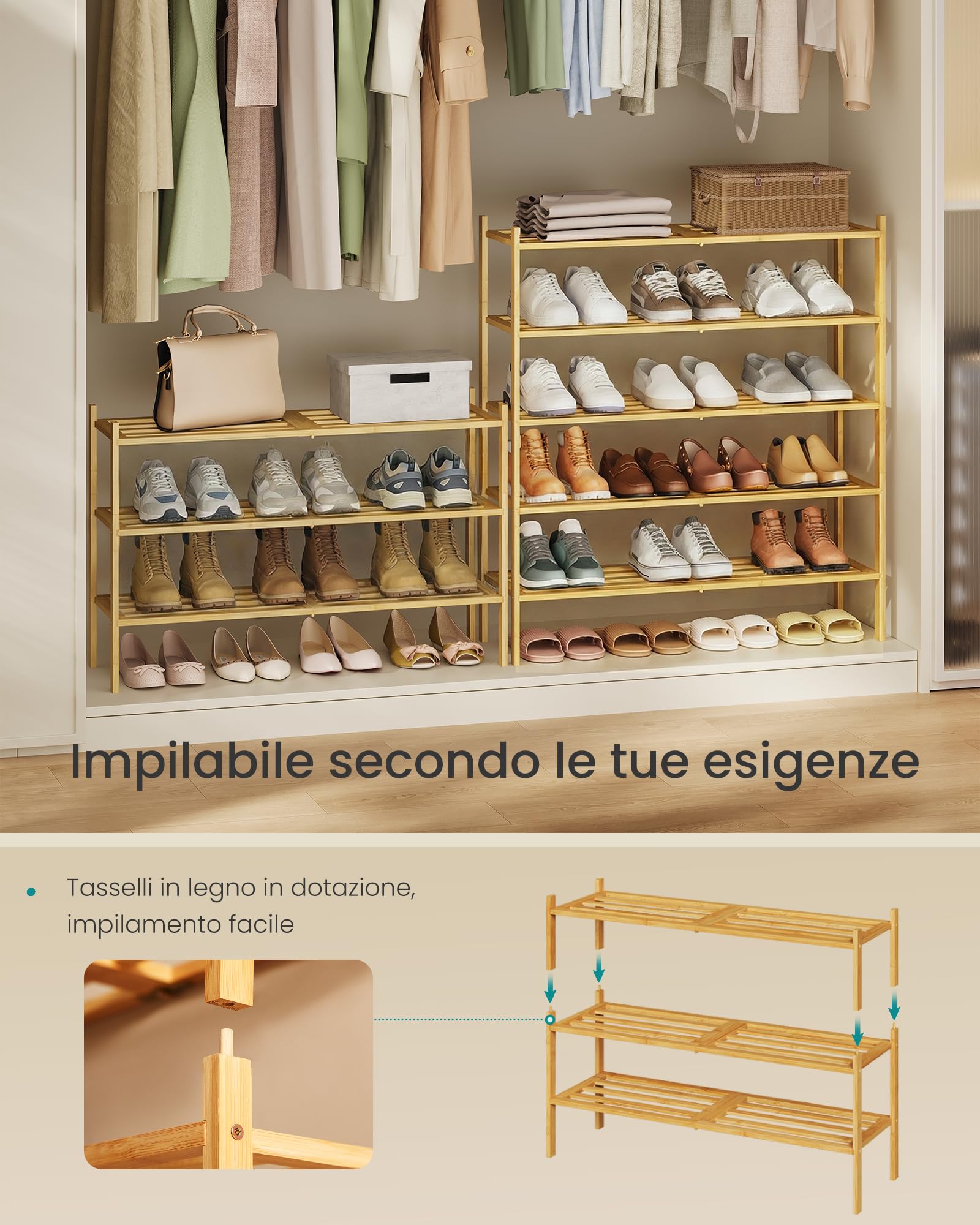 Songmics LBS052YL01 scarpiera bambù naturale 2 ripiani 70 cm