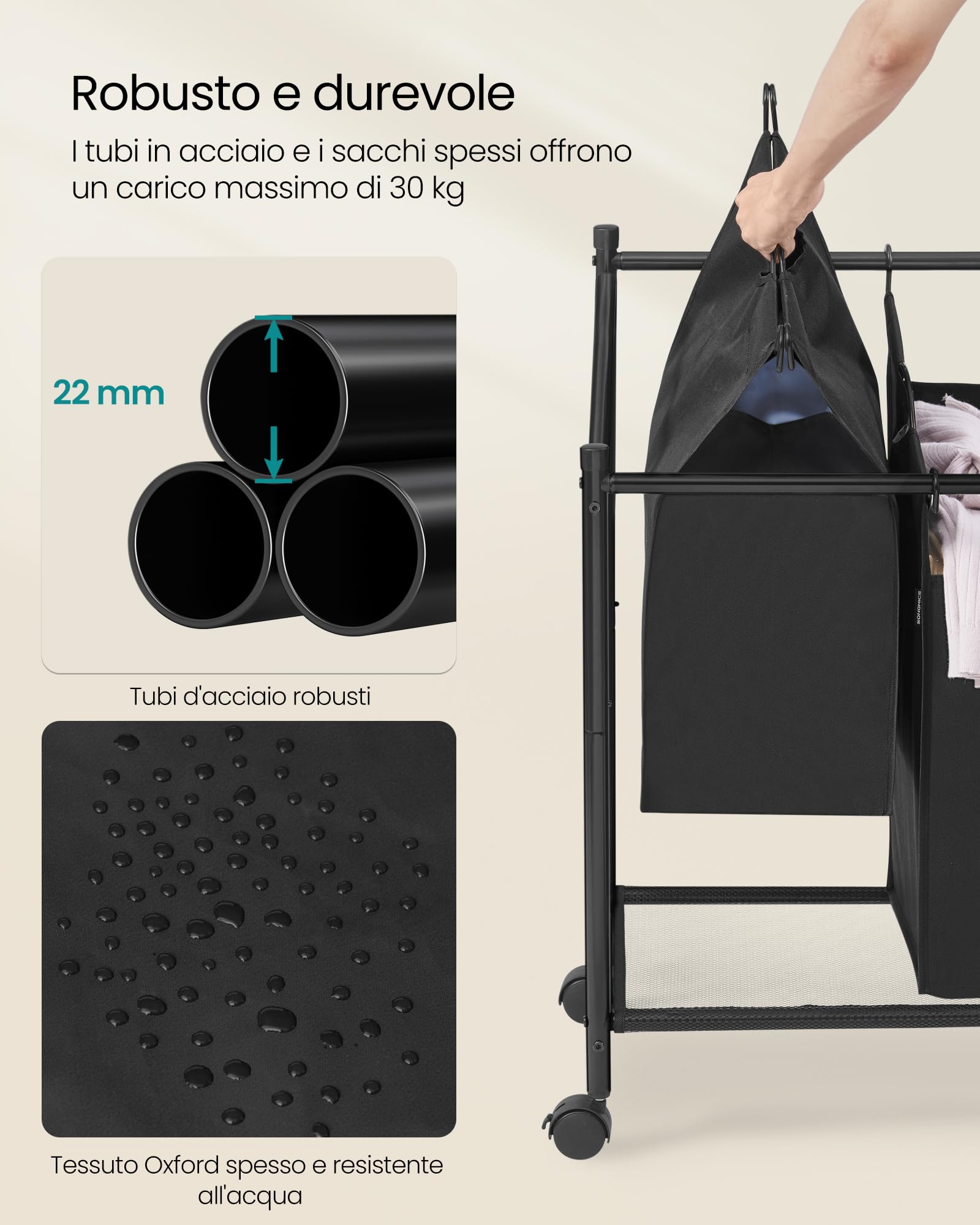 Songmics RLS102B01 carrello portabiancheria 3x45L nero con ruote