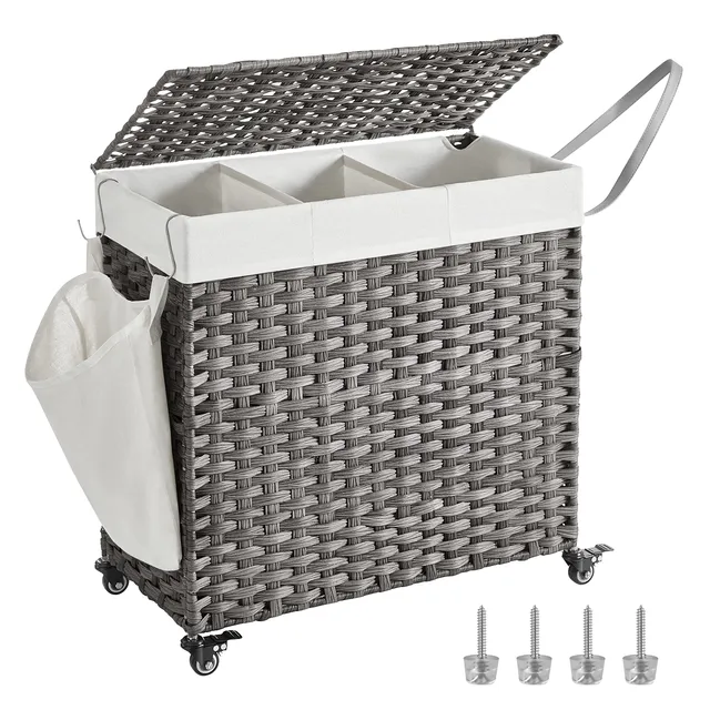 Songmics Cesto Portabiancheria 140L Grigio 3 Scomparti con Ruote