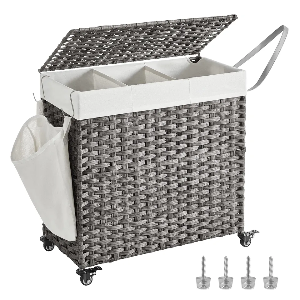 Songmics Cesto Portabiancheria 140L Grigio 3 Scomparti con Ruote