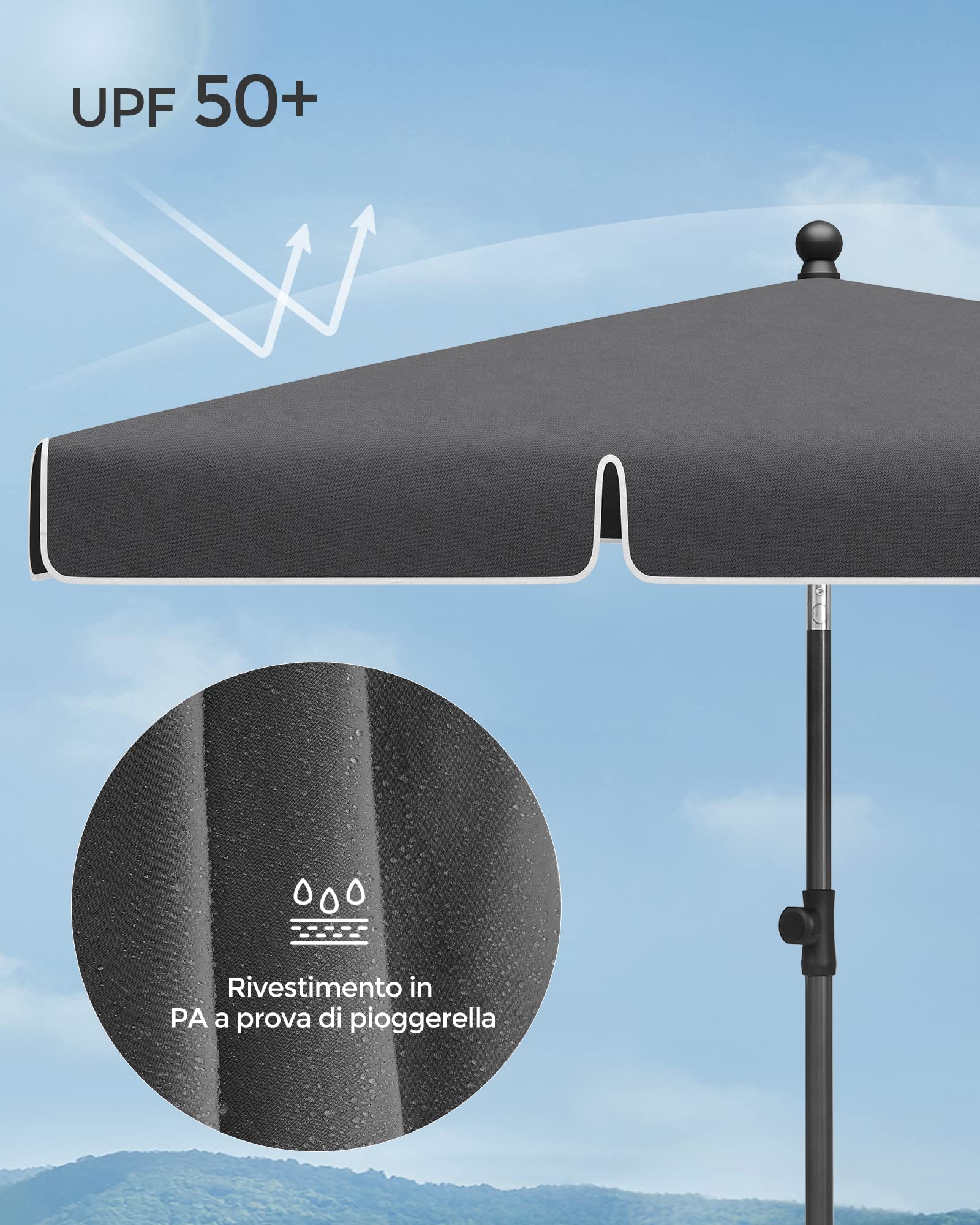 Songmics GPU180G01 ombrellone 180x125 cm grigio UPF50+