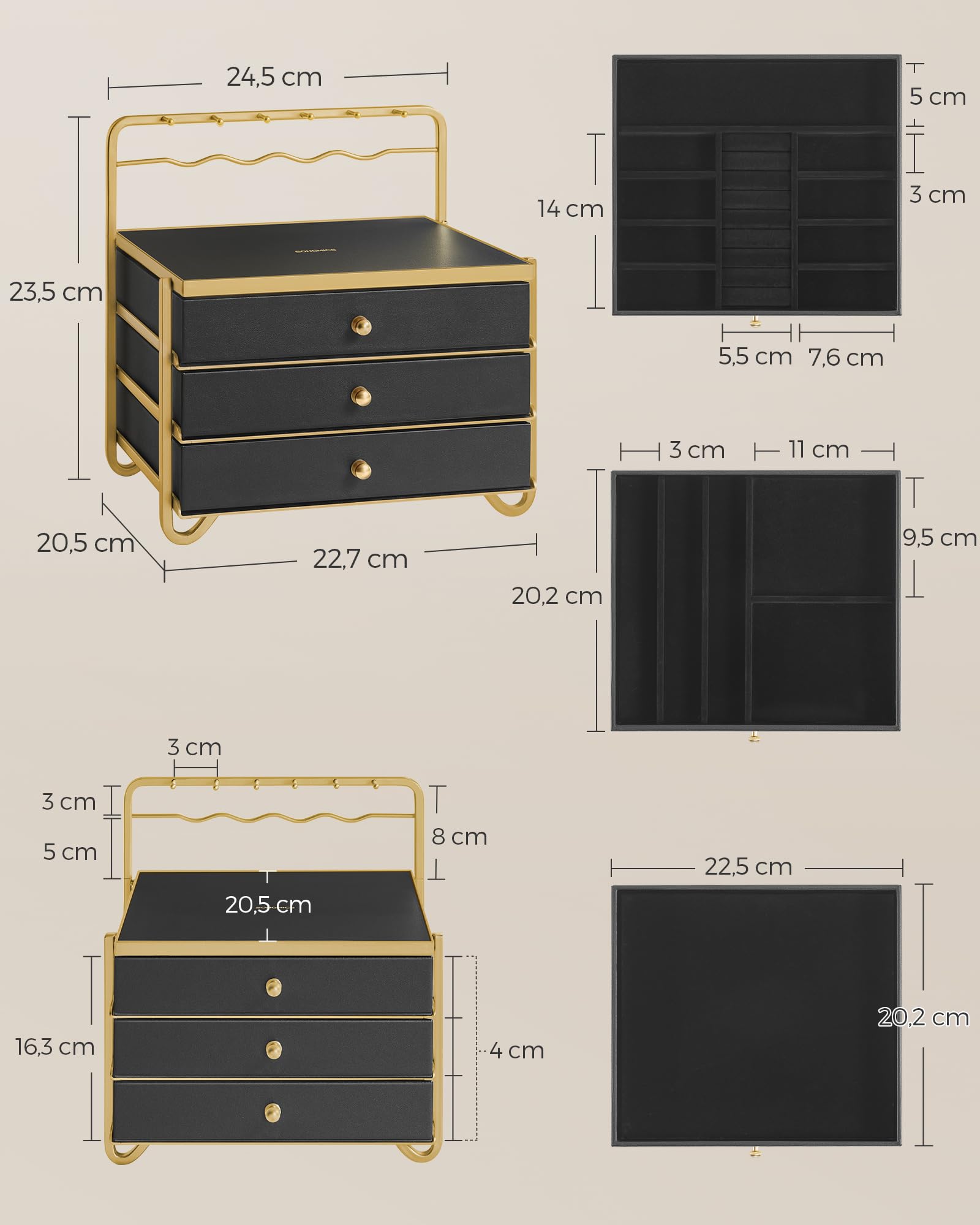 Songmics JBC168B01 scatola portagioie 3 cassetti nero inchiostro metallo