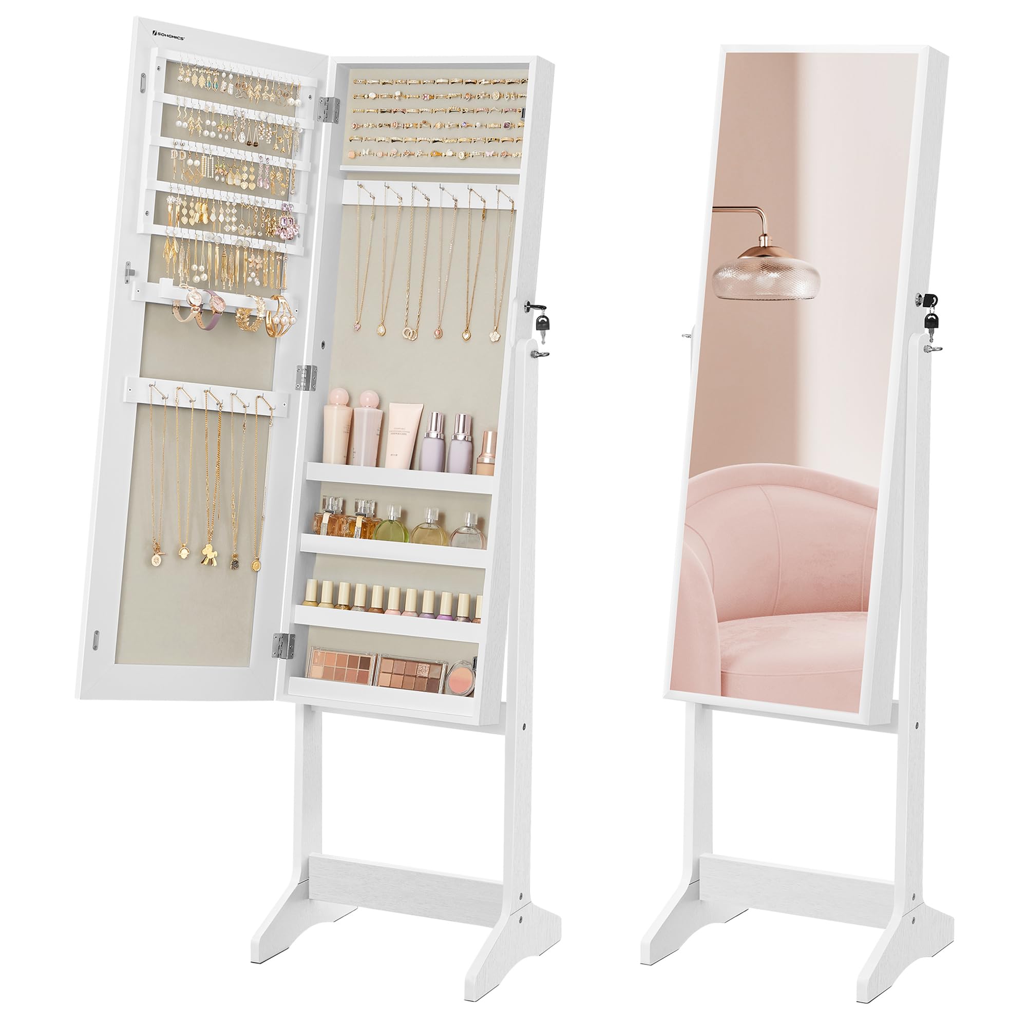 Songmics JJC069W02 specchio portagioie terra bianco con serratura