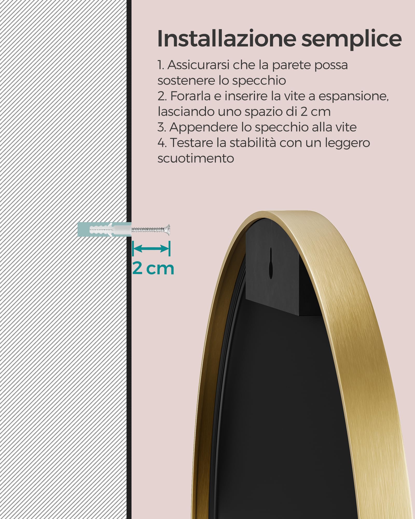 Songmics Berit LWM102A01 specchio rotondo 61 cm oro alluminio