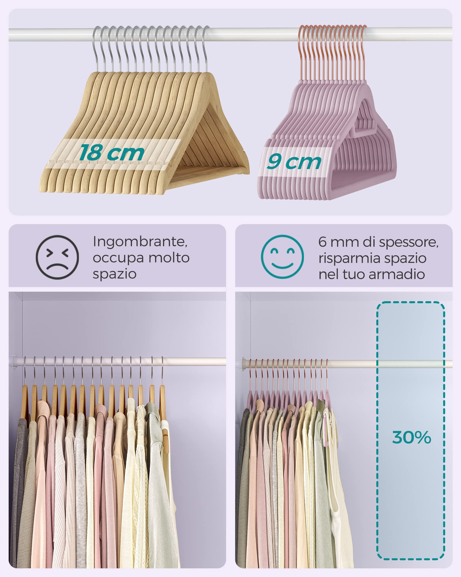 Songmics CRF021GP50 grucce velluto 50 pezzi viola lavanda salvaspazio