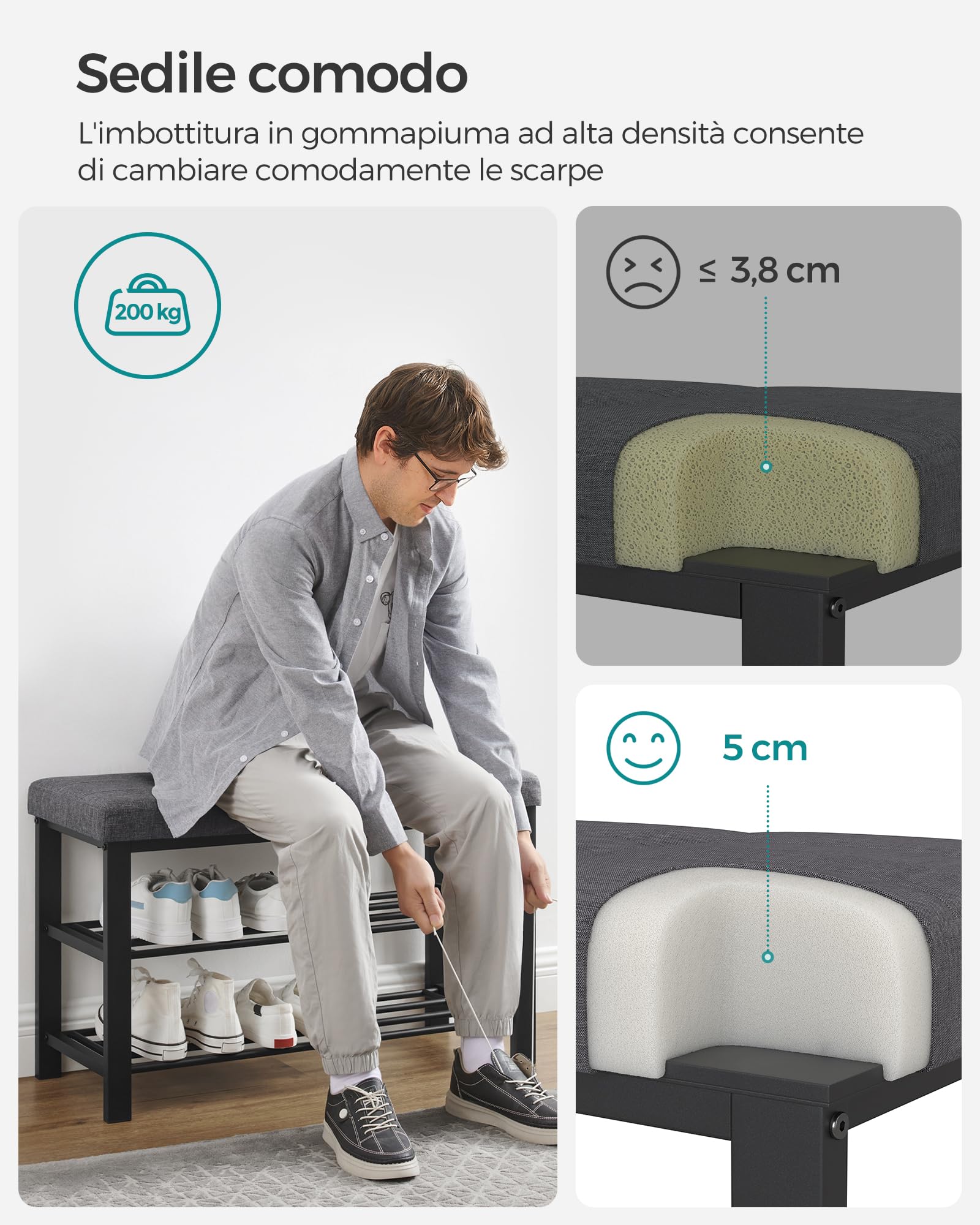 Songmics LBS57GYZ panca scarpiera 80 cm grigio scuro 3 ripiani