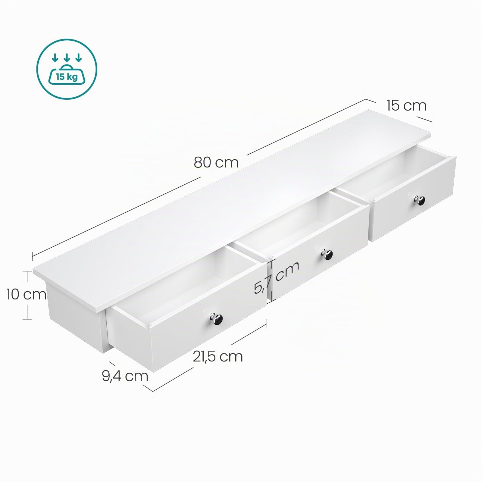 Songmics LWS085W01 mensola da muro bianca 80 cm 3 cassetti