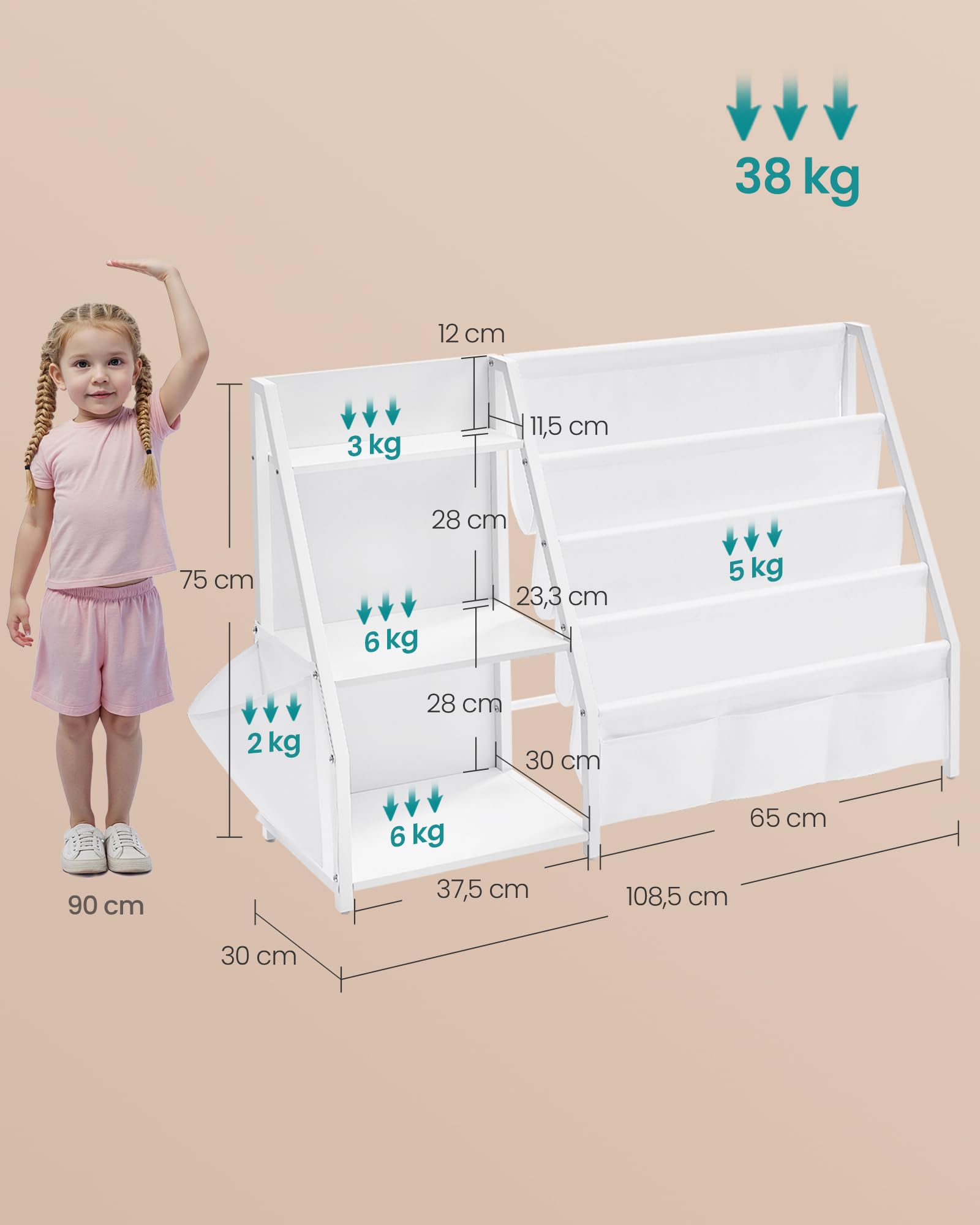 Songmics GKR024W01 Libreria Bambini 75 cm Bianco Scomparti