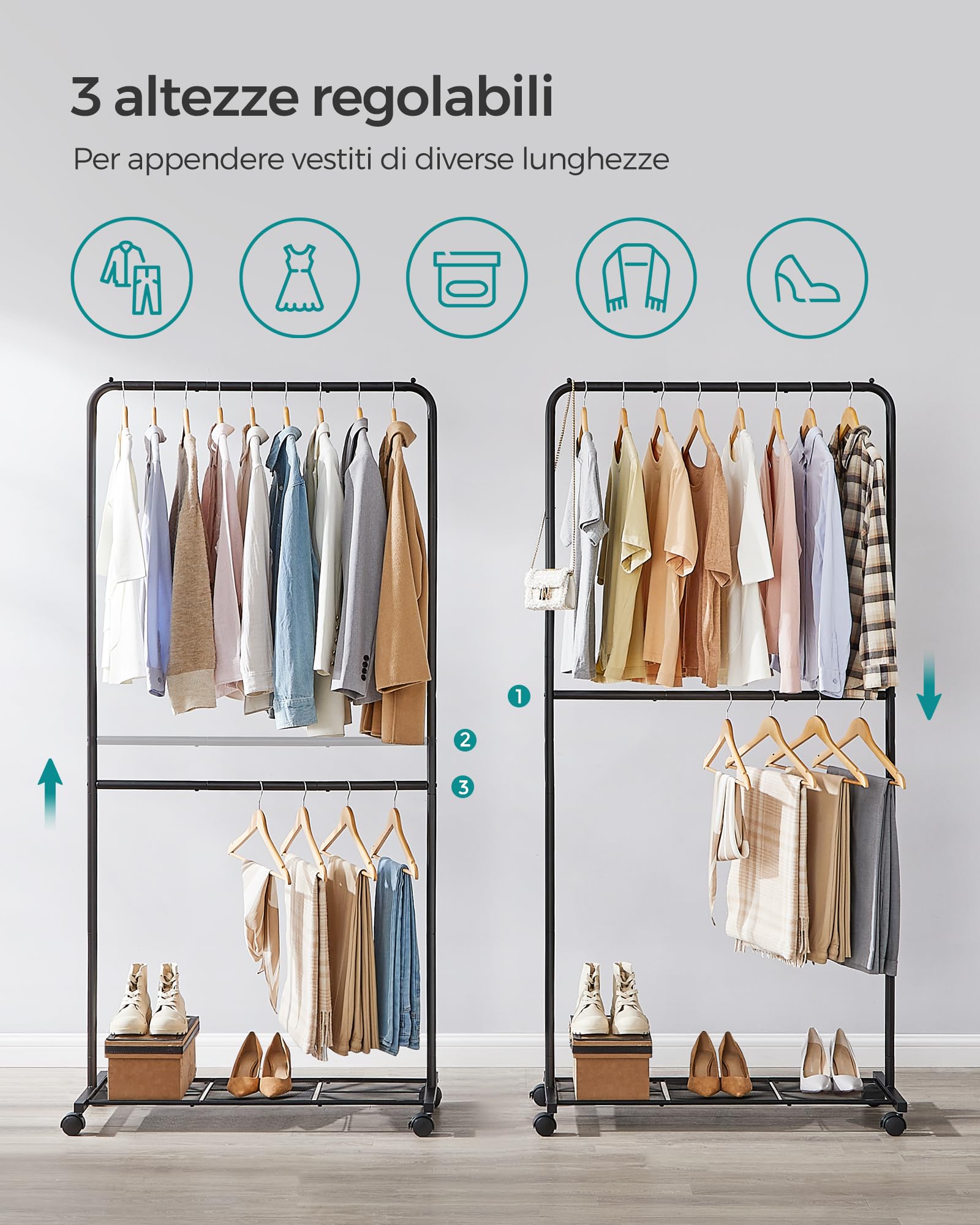 Songmics HSR027B01 stand appendiabiti doppio nero con ruote