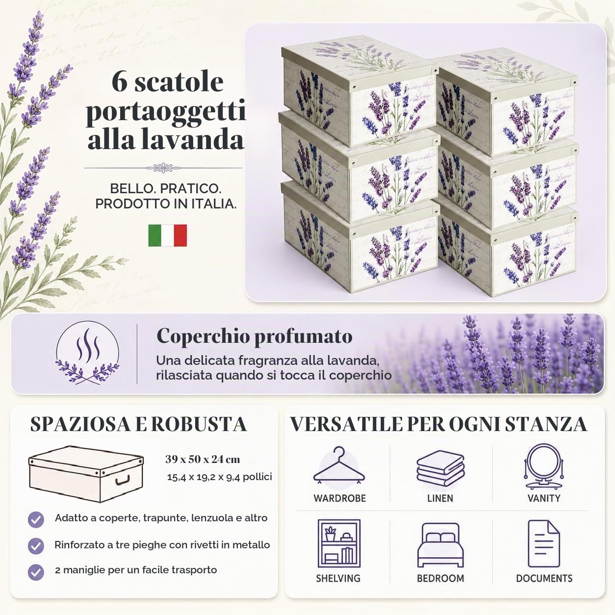 Lavatelli Organizer Armadio Scatole Lavanda 39x50x24 cm 6 Pezzi