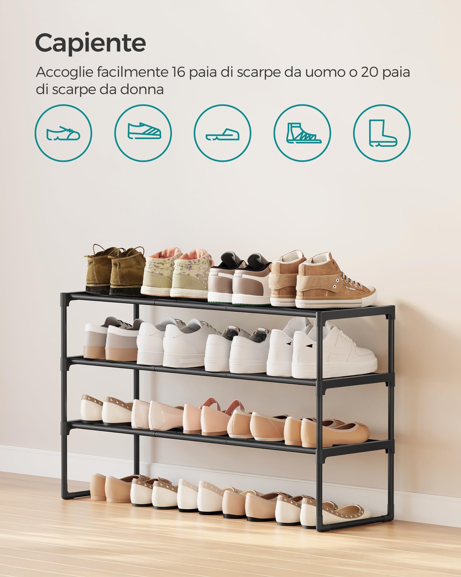 Songmics LSA303B02 scarpiera metallo nero 3 ripiani 16-20 paia