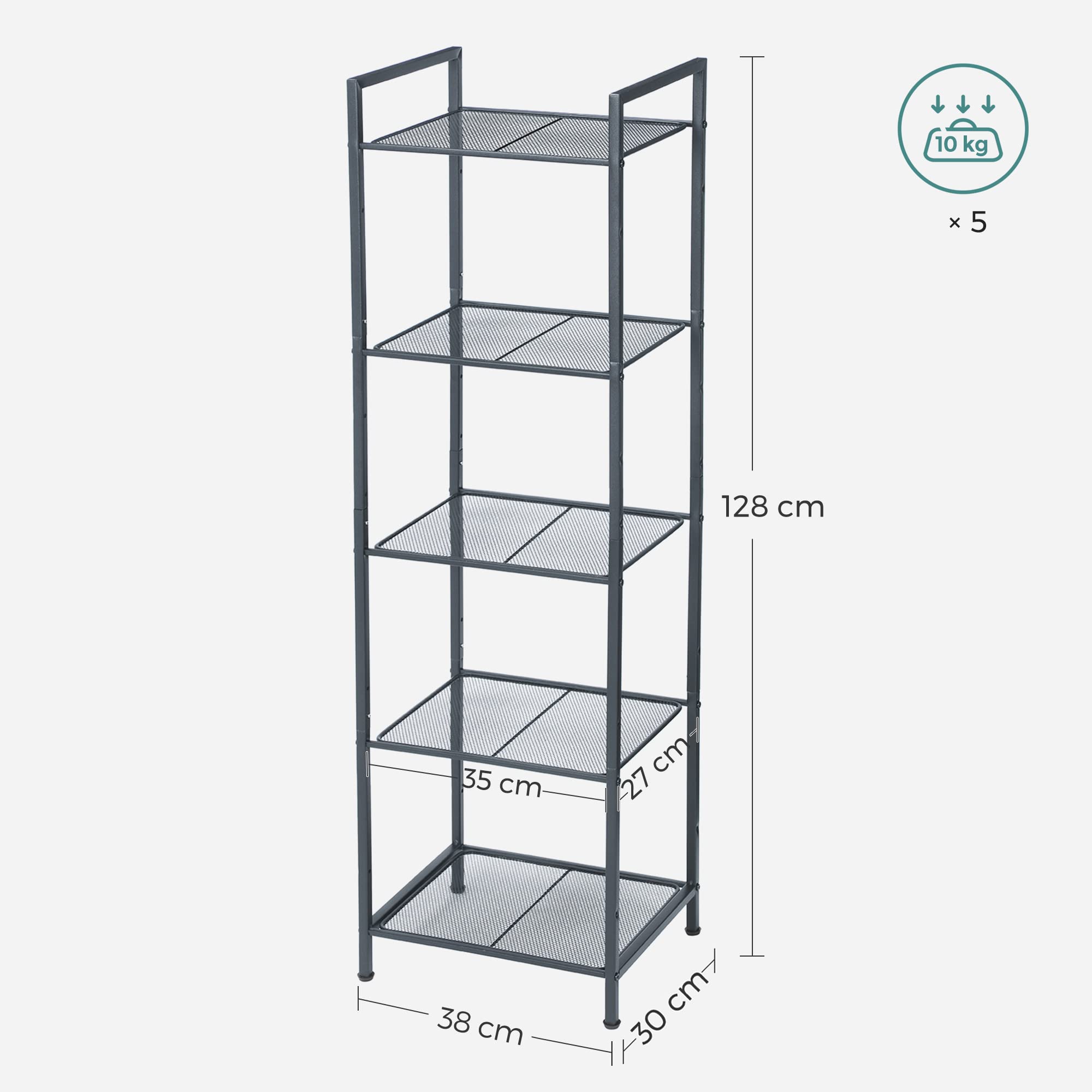Songmics BSC35BK scaffale 5 ripiani nero 38x30x128 cm rete