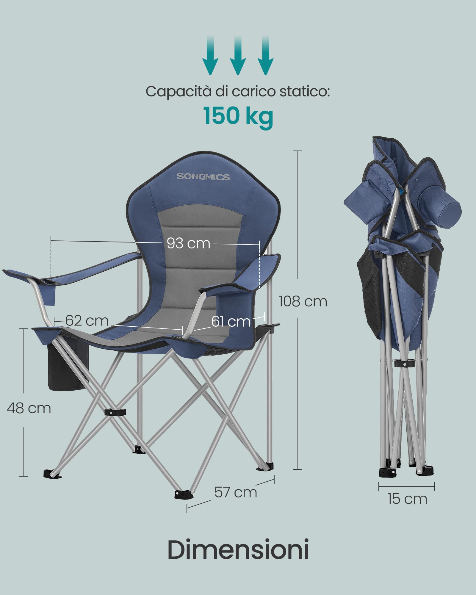 Songmics GCB005QE01-2J sedie campeggio set 2 blu grigio 150 kg