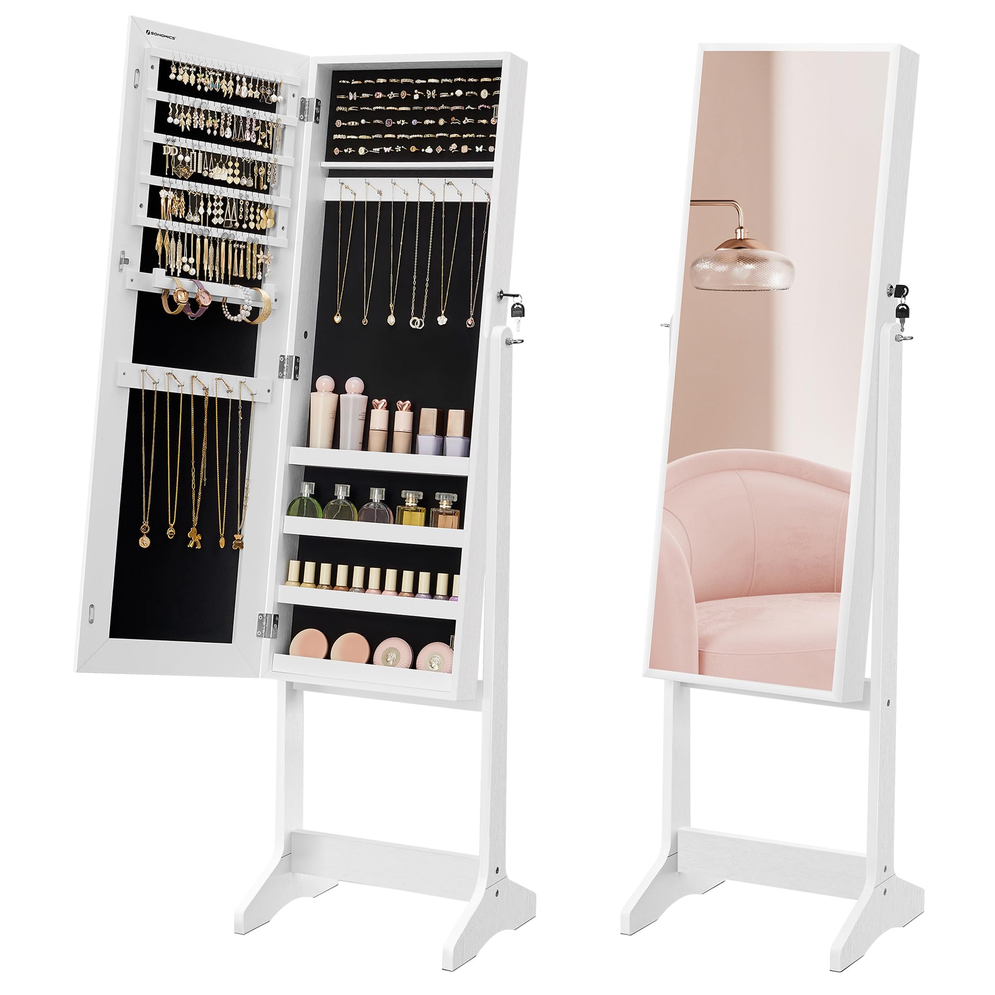 Songmics JJC069W02 specchio portagioie terra bianco con serratura