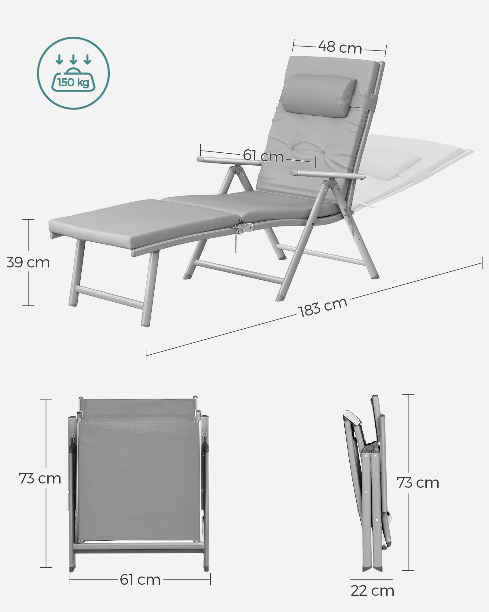 Songmics GCB24GY lettino prendisole pieghevole grigio 150 kg