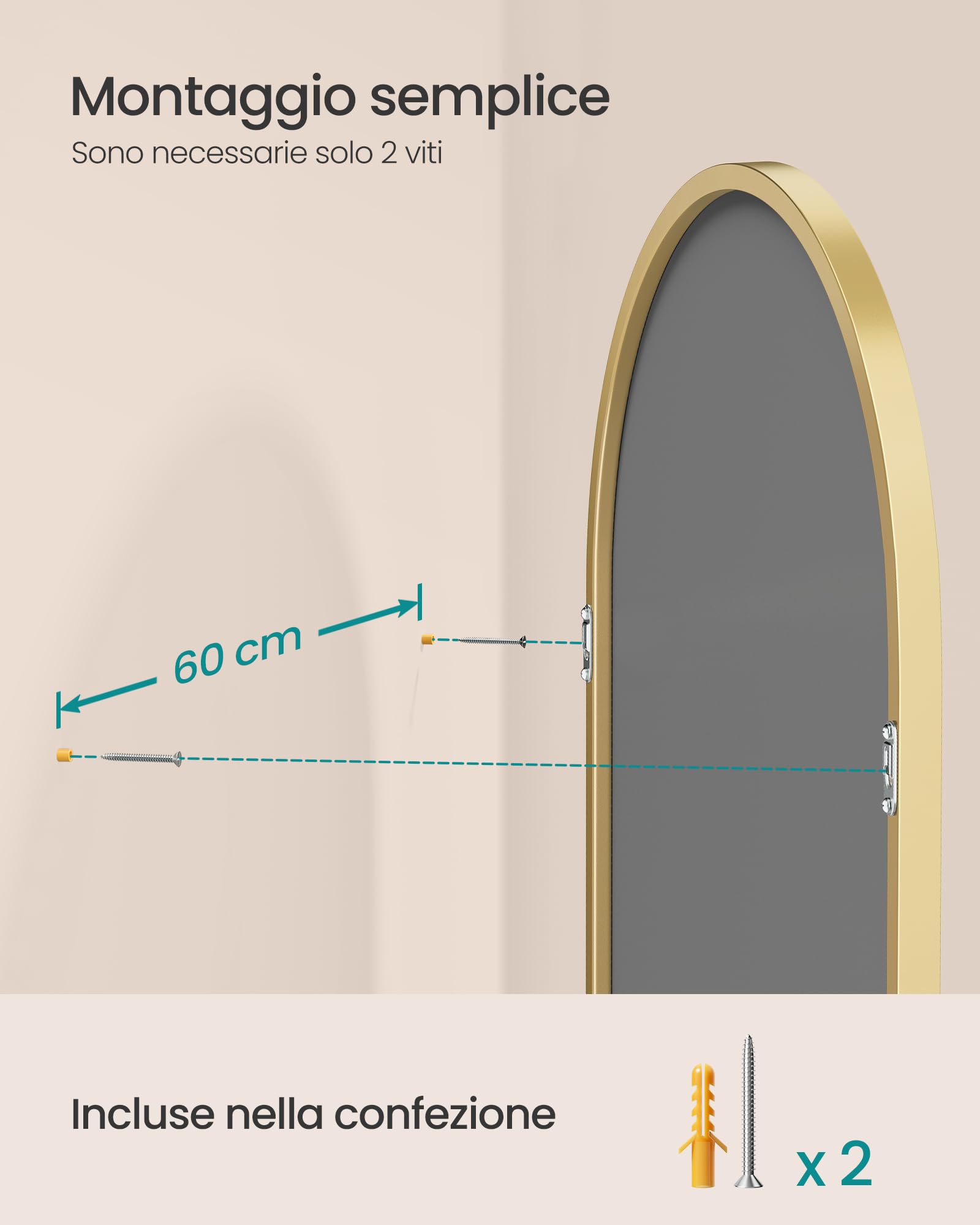 Songmics LWM011AB01 specchio parete arco 91x61 cm oro pallido