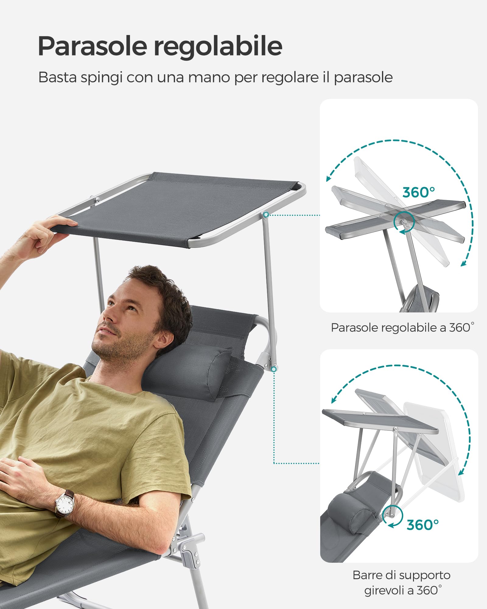 Songmics GCB19UV1 Lettino Prendisole Grigio Scuro Reclinabile