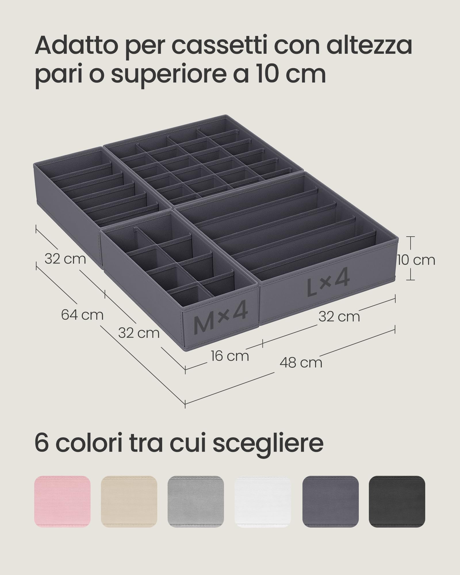 Songmics RUS08GY divisori cassetti grigio set 8 salvaspazio
