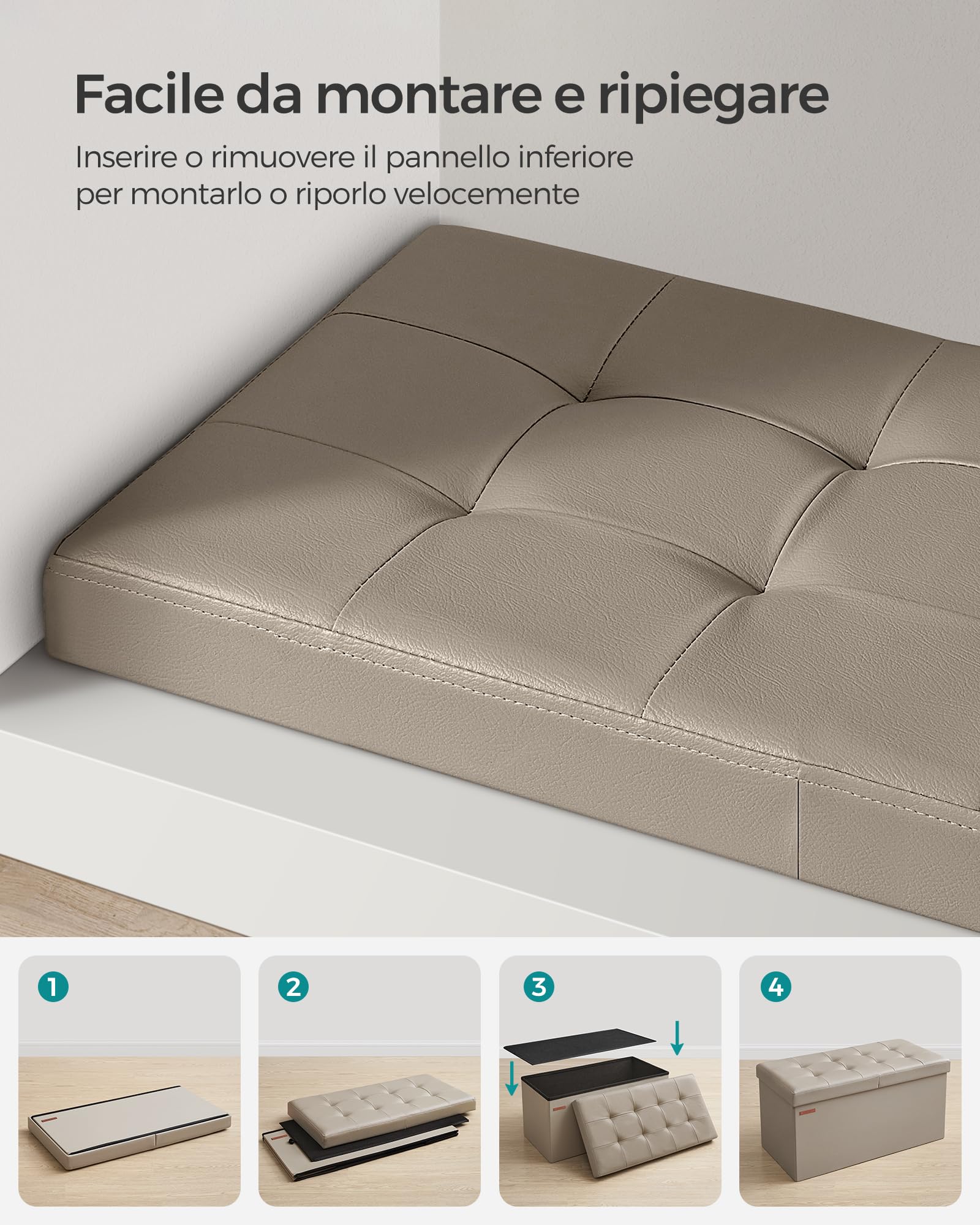 Songmics Pouf Contenitore 89 Litri Pieghevole Beige Portata 300kg
