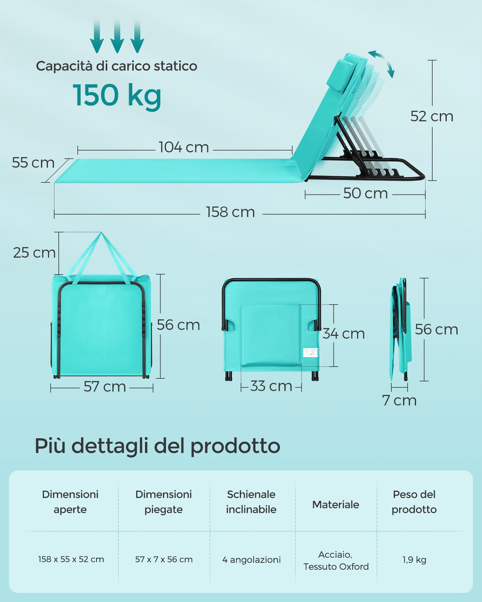 Songmics GCB151C01 Lettino Spiaggia Blu 158x55 cm Pieghevole