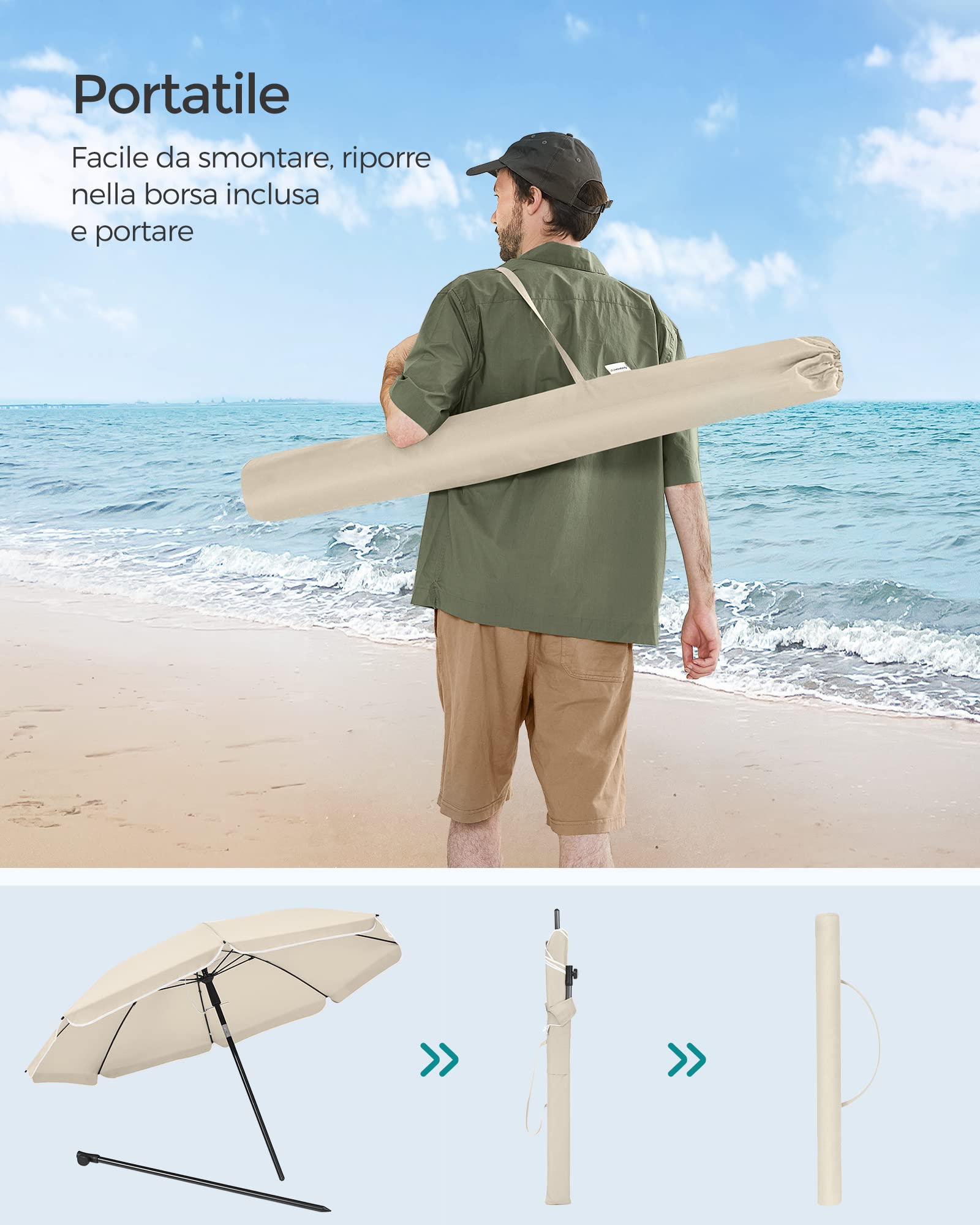 Songmics Ombrellone Spiaggia UPF 50+ Inclinabile con Borsa