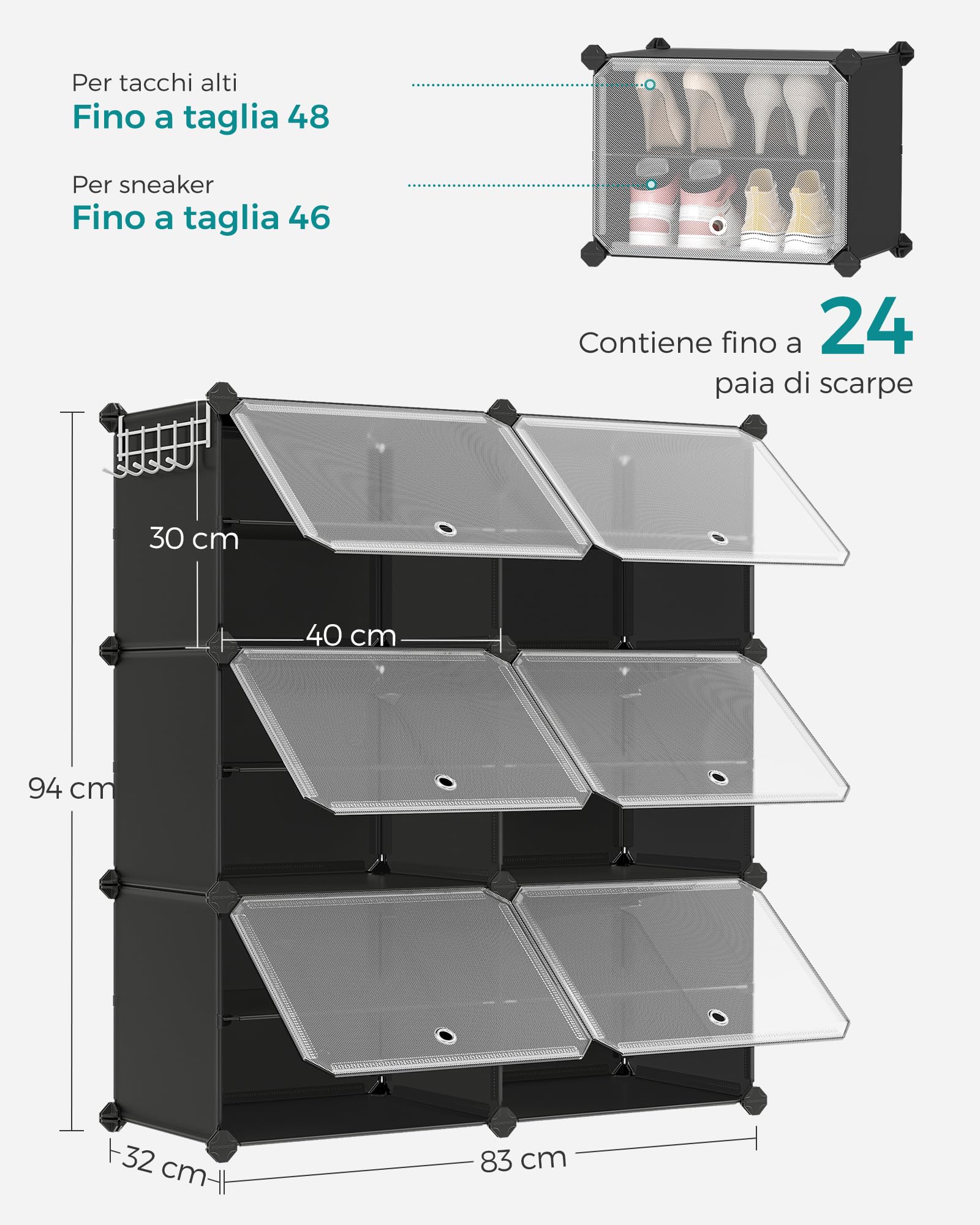 Songmics LPC033B01 scarpiera 6 scomparti nero 24 paia antipolvere