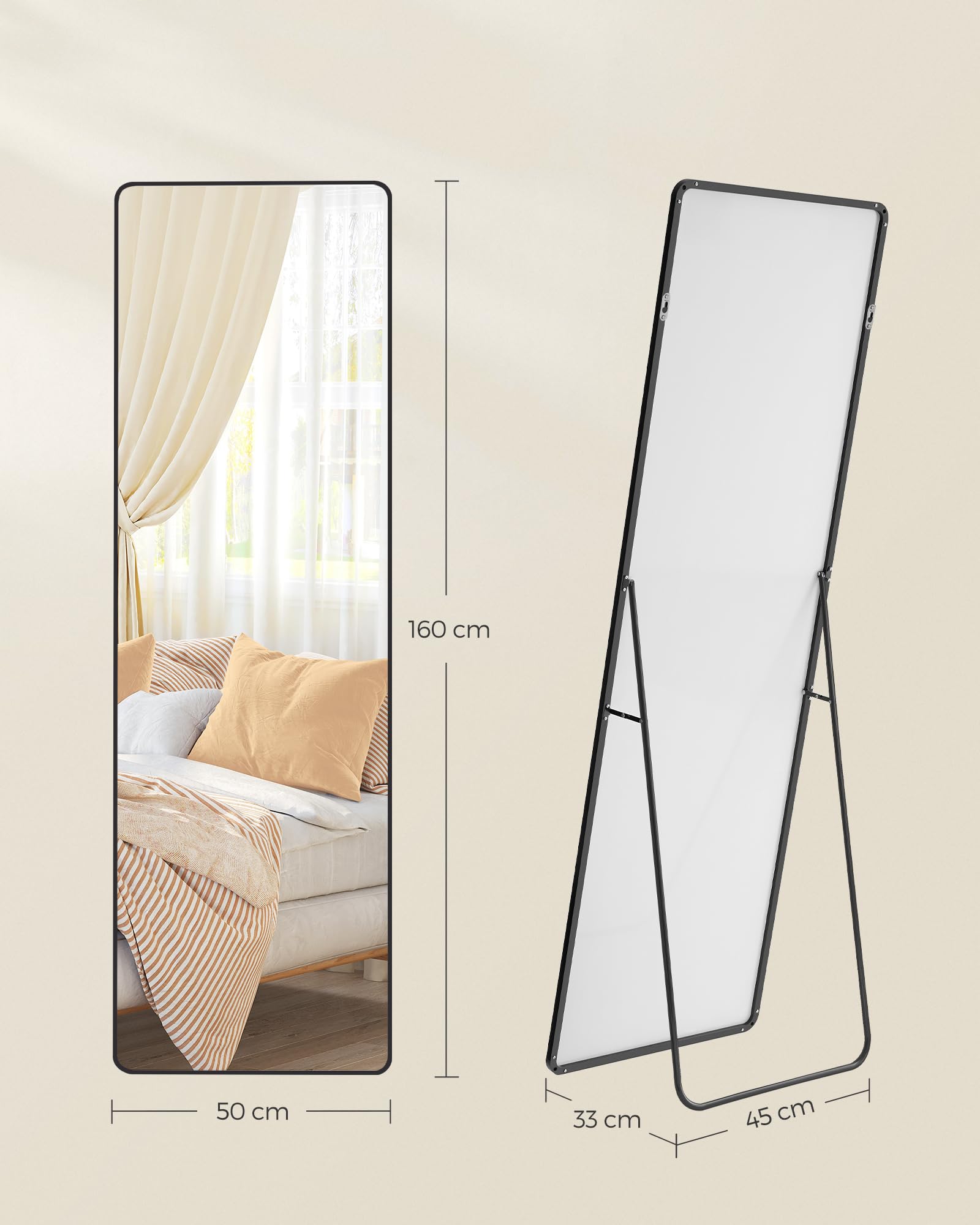 Songmics specchio figura intera rettangolare 160x50 cm nero vetro temperato