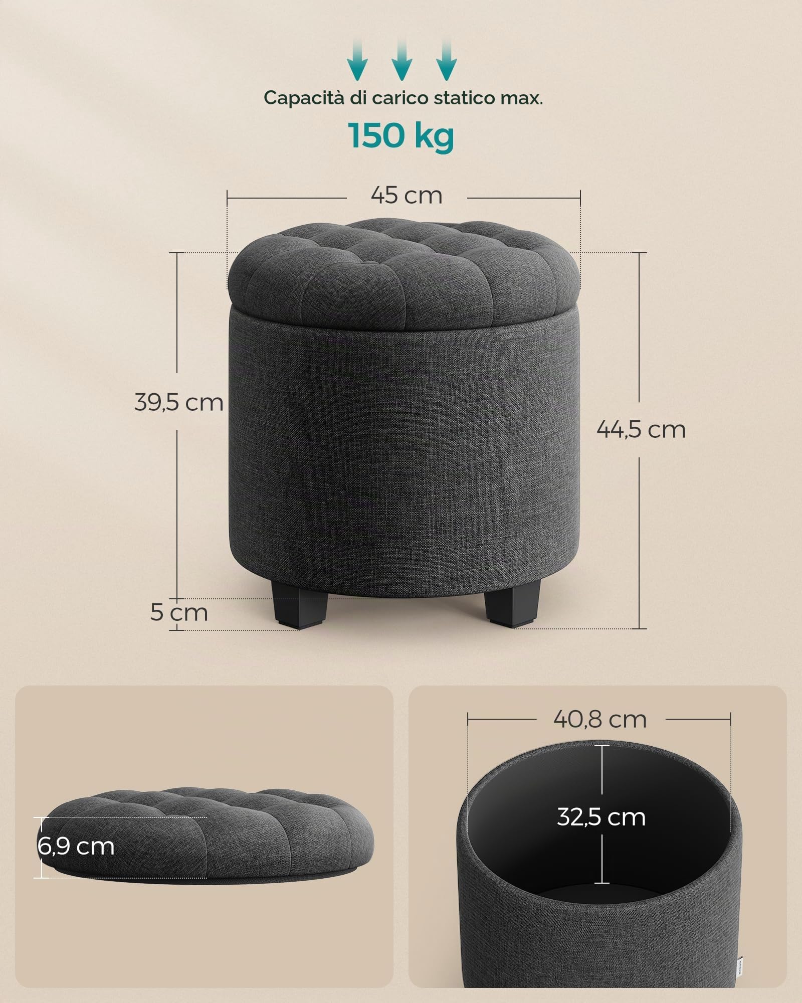 Songmics LOM011G01 pouf contenitore rotondo grigio scuro 42L