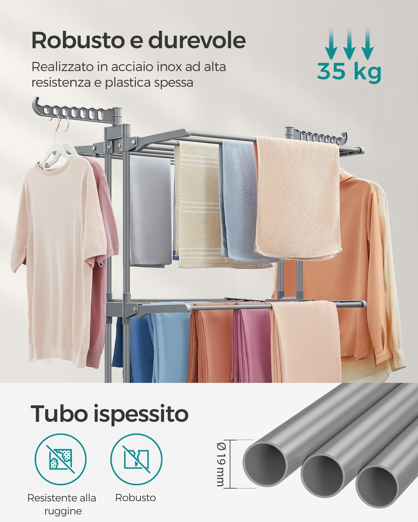 Songmics LLR701G01 stendibiancheria 4 livelli grigio con ruote