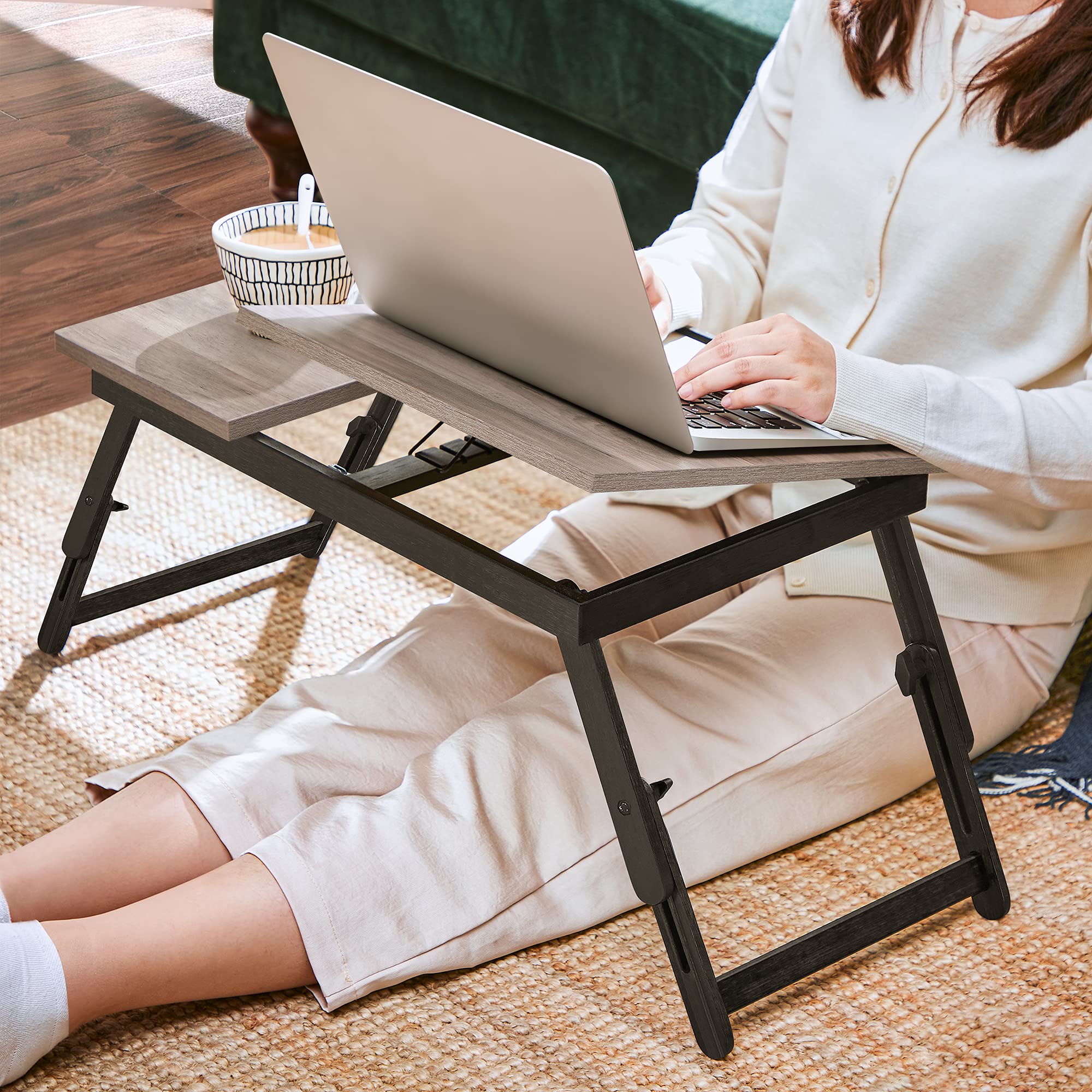 Songmics tavolo laptop letto bambù greige pieghevole 10 kg