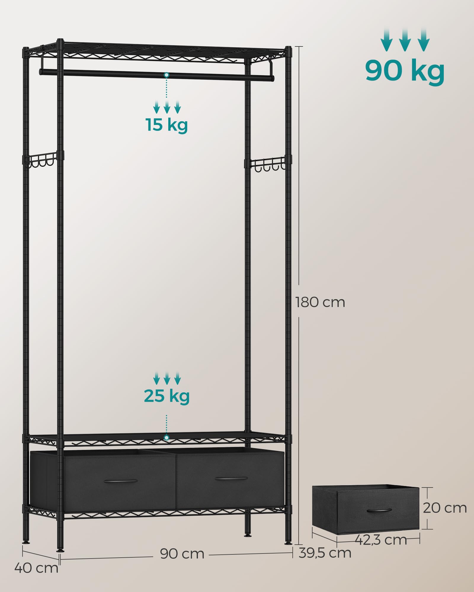 Songmics LGR411B02 guardaroba metallo nero 90x180 cm salvaspazio