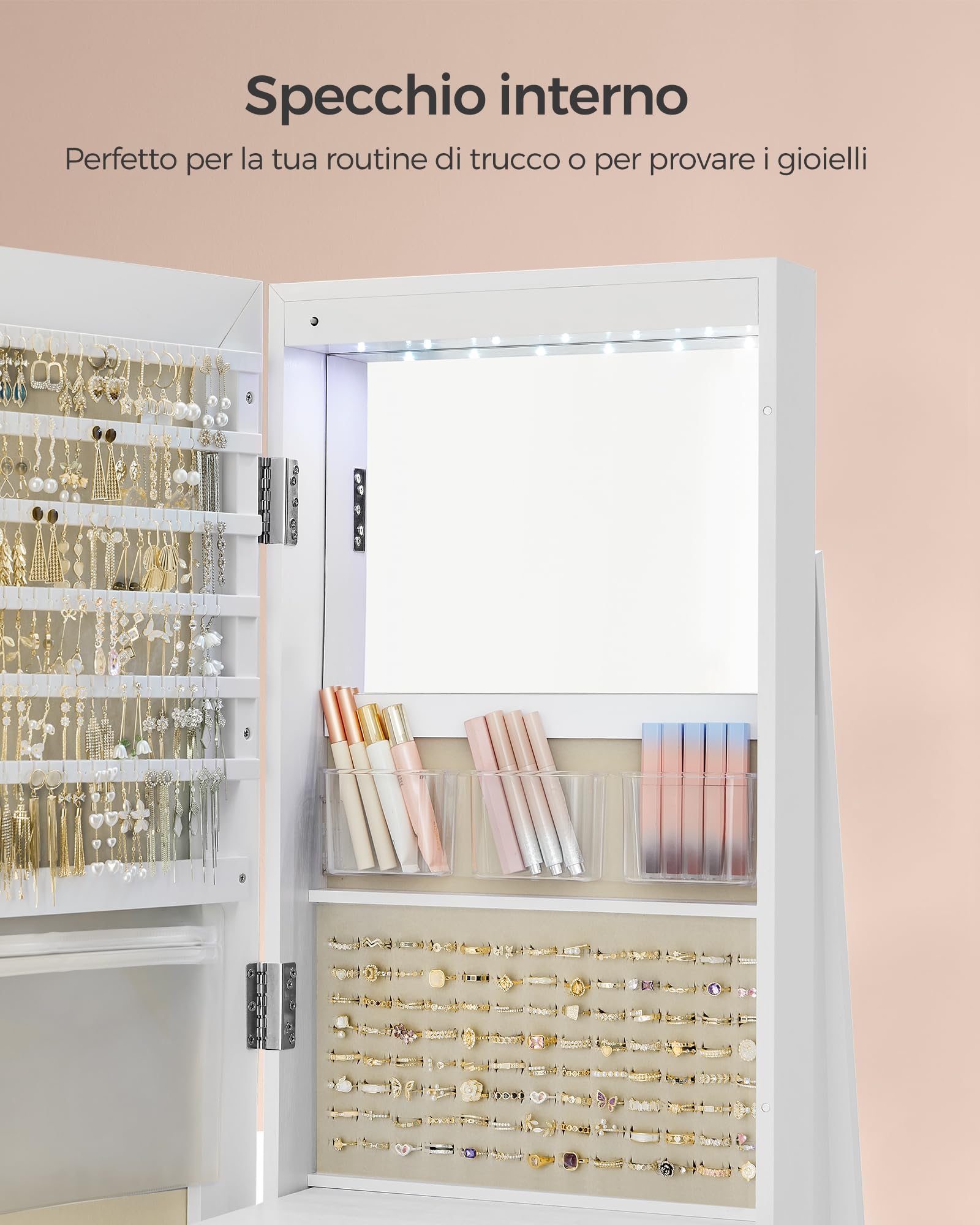 Songmics JJC007W02 specchio portagioie bianco girevole con LED