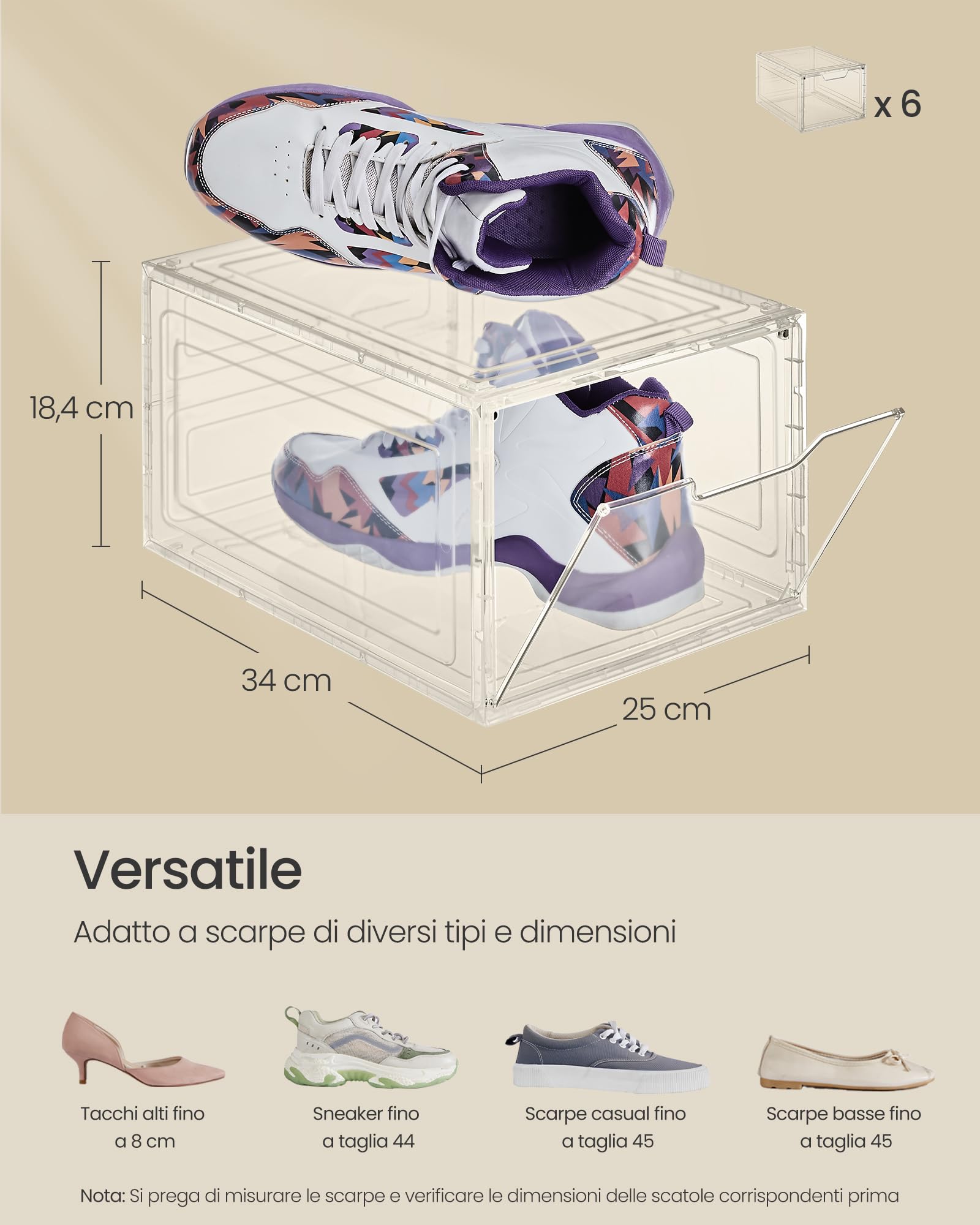 Songmics LSP032W06 Scatole Scarpe Plastica Nero Trasparente 6 Pezzi
